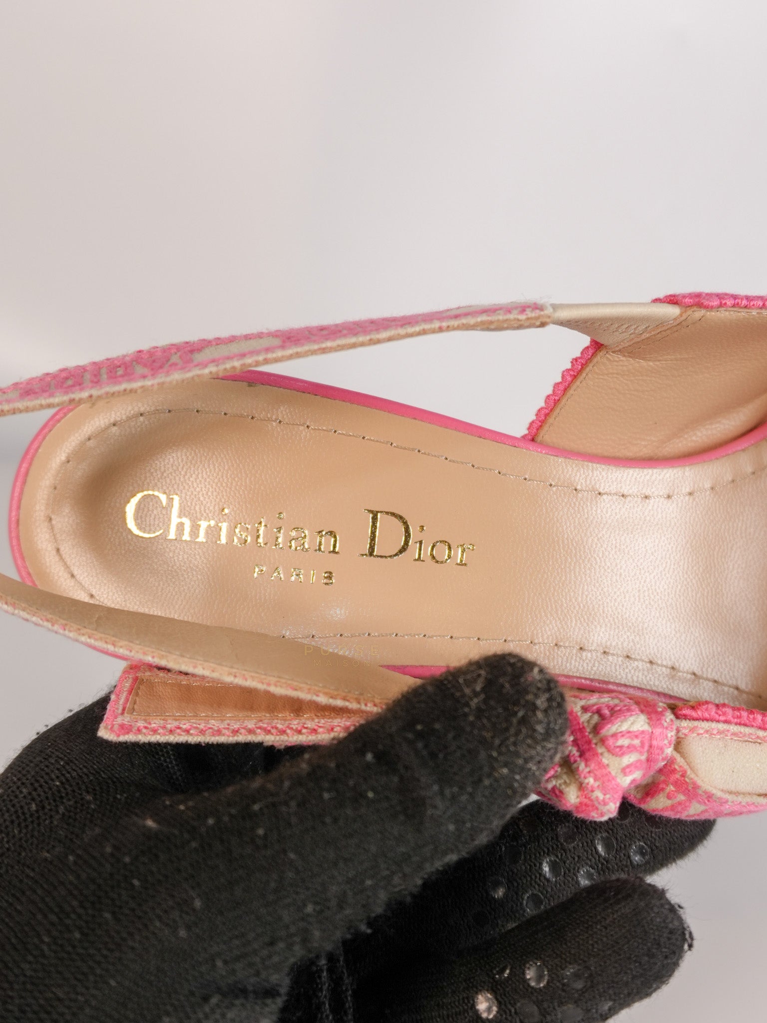 J'adior Slingback Pumps Pink/White Embroidered Fabric Size 38.5 EU(24.1 cm) | Purse Maison Luxury Bags Shop