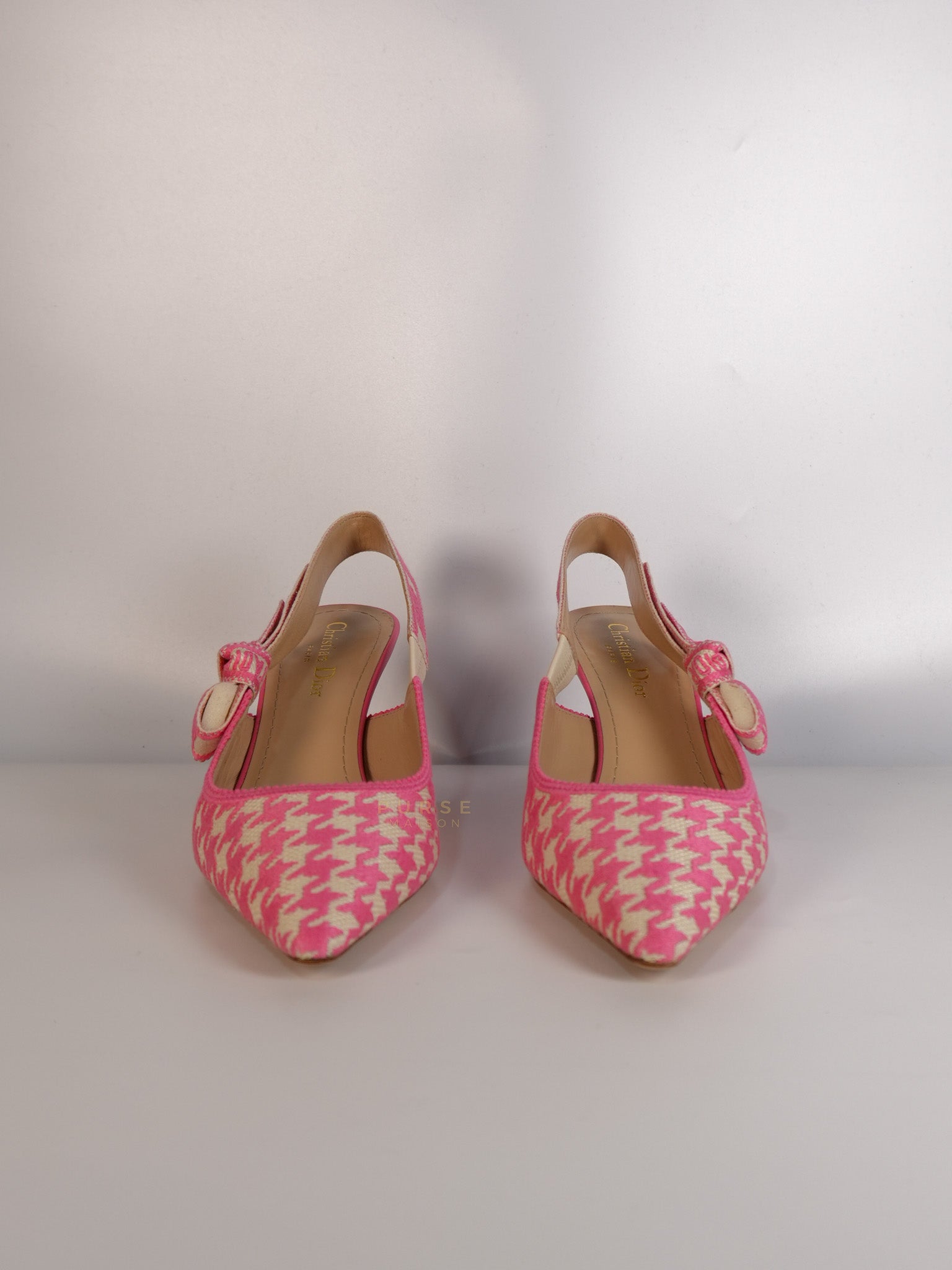 J'adior Slingback Pumps Pink/White Embroidered Fabric Size 38.5 EU(24.1 cm) | Purse Maison Luxury Bags Shop