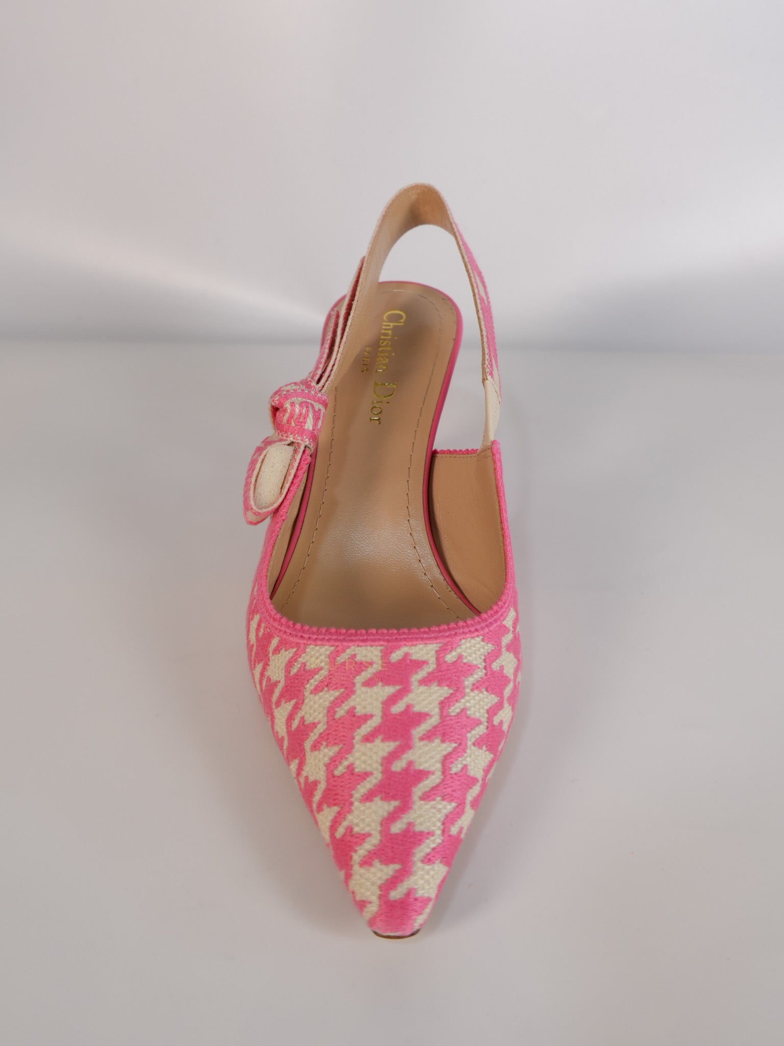 J'adior Slingback Pumps Pink/White Embroidered Fabric Size 38.5 EU(24.1 cm) | Purse Maison Luxury Bags Shop