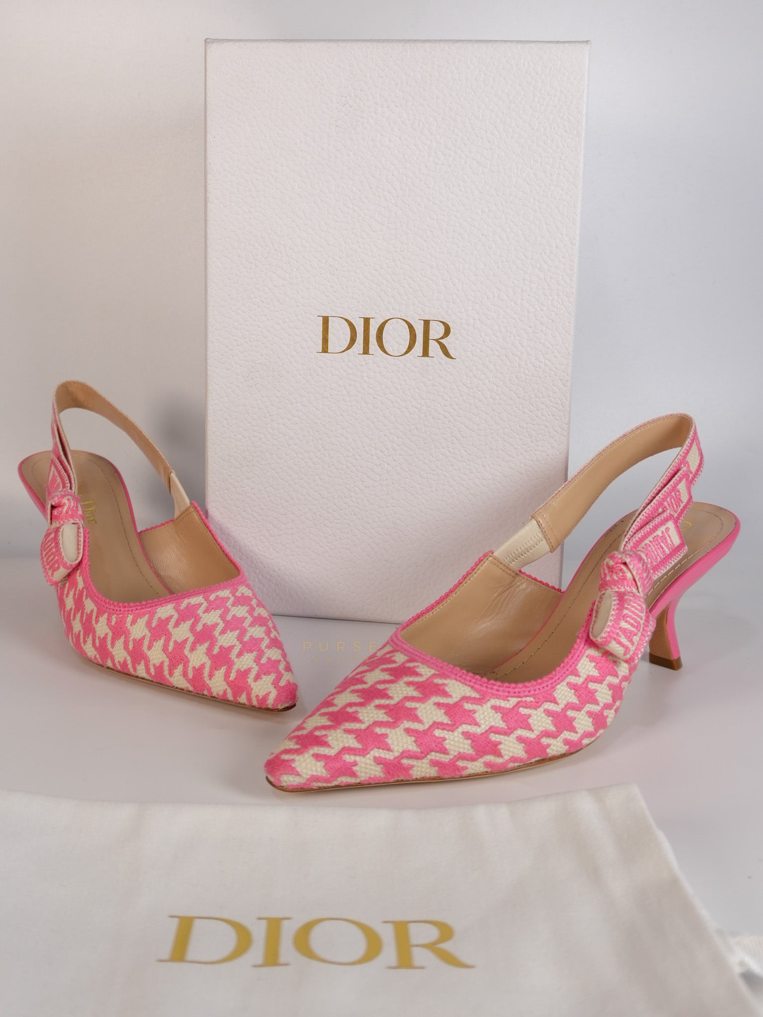 J'adior Slingback Pumps Pink/White Embroidered Fabric Size 38.5 EU(24.1 cm) | Purse Maison Luxury Bags Shop
