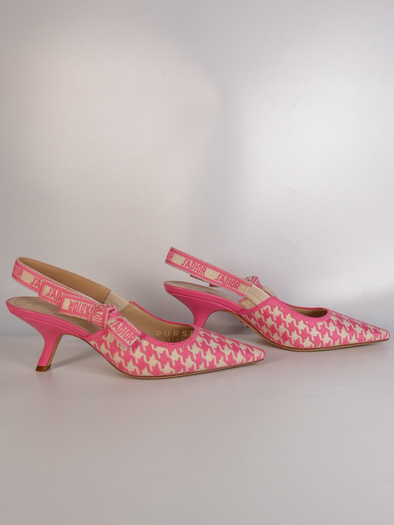 J'adior Slingback Pumps Pink/White Embroidered Fabric Size 38.5 EU(24.1 cm) | Purse Maison Luxury Bags Shop