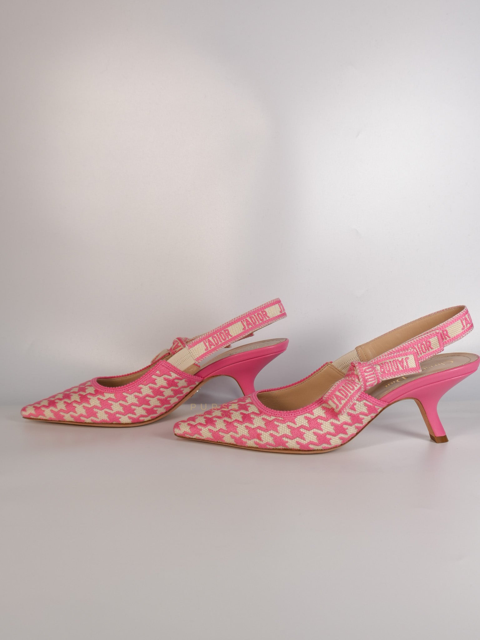 J'adior Slingback Pumps Pink/White Embroidered Fabric Size 38.5 EU(24.1 cm) | Purse Maison Luxury Bags Shop
