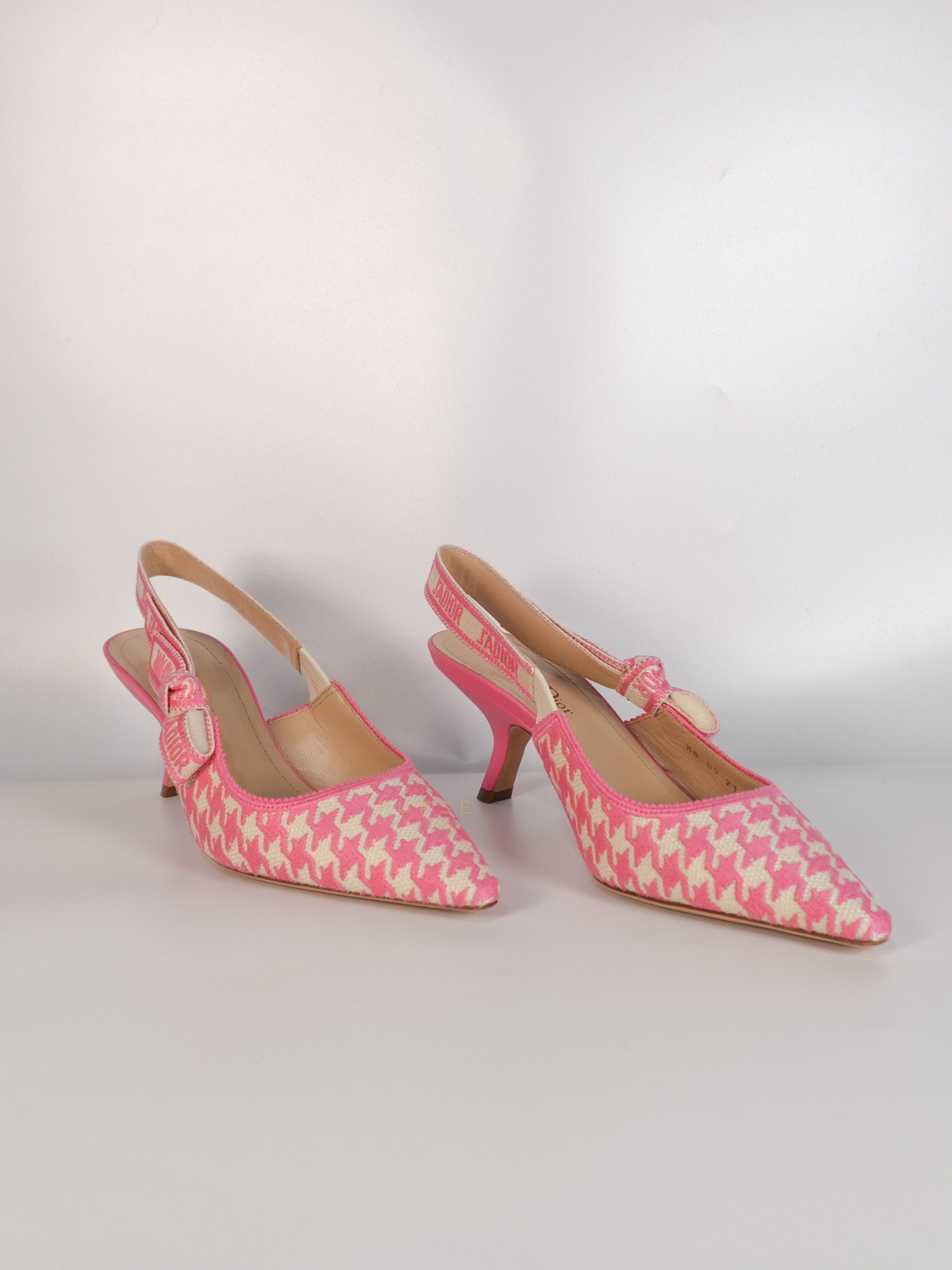 J'adior Slingback Pumps Pink/White Embroidered Fabric Size 38.5 EU(24.1 cm) | Purse Maison Luxury Bags Shop