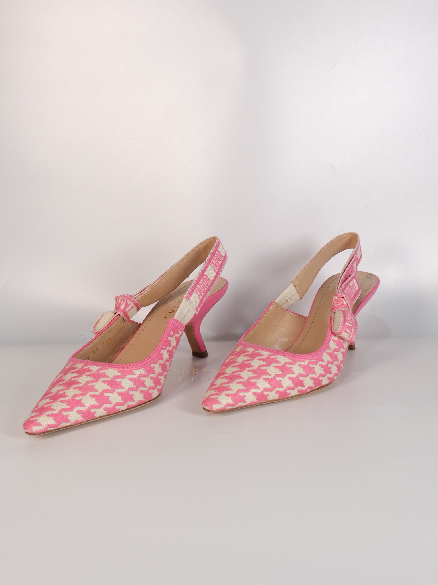 J'adior Slingback Pumps Pink/White Embroidered Fabric Size 38.5 EU(24.1 cm) | Purse Maison Luxury Bags Shop
