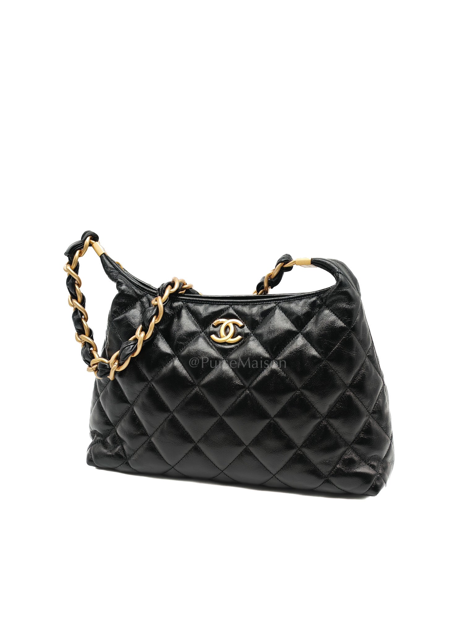 24A Hobo Bag in Black Lambskin Leather & Aged Gold Hardware Microchip
