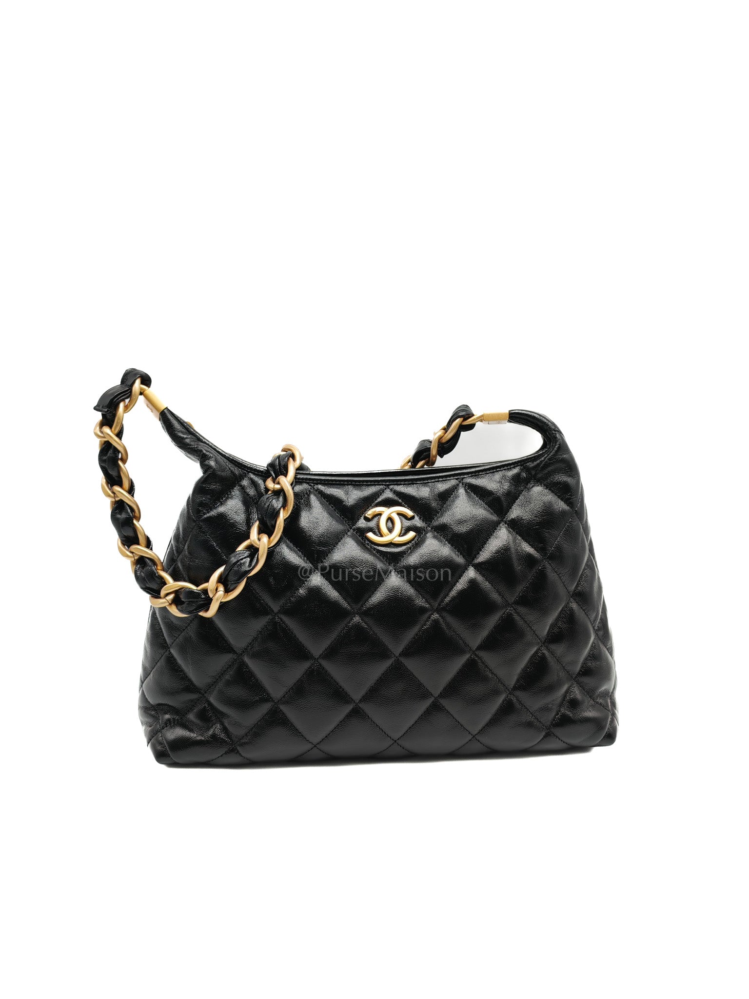 24A Hobo Bag in Black Lambskin Leather & Aged Gold Hardware Microchip