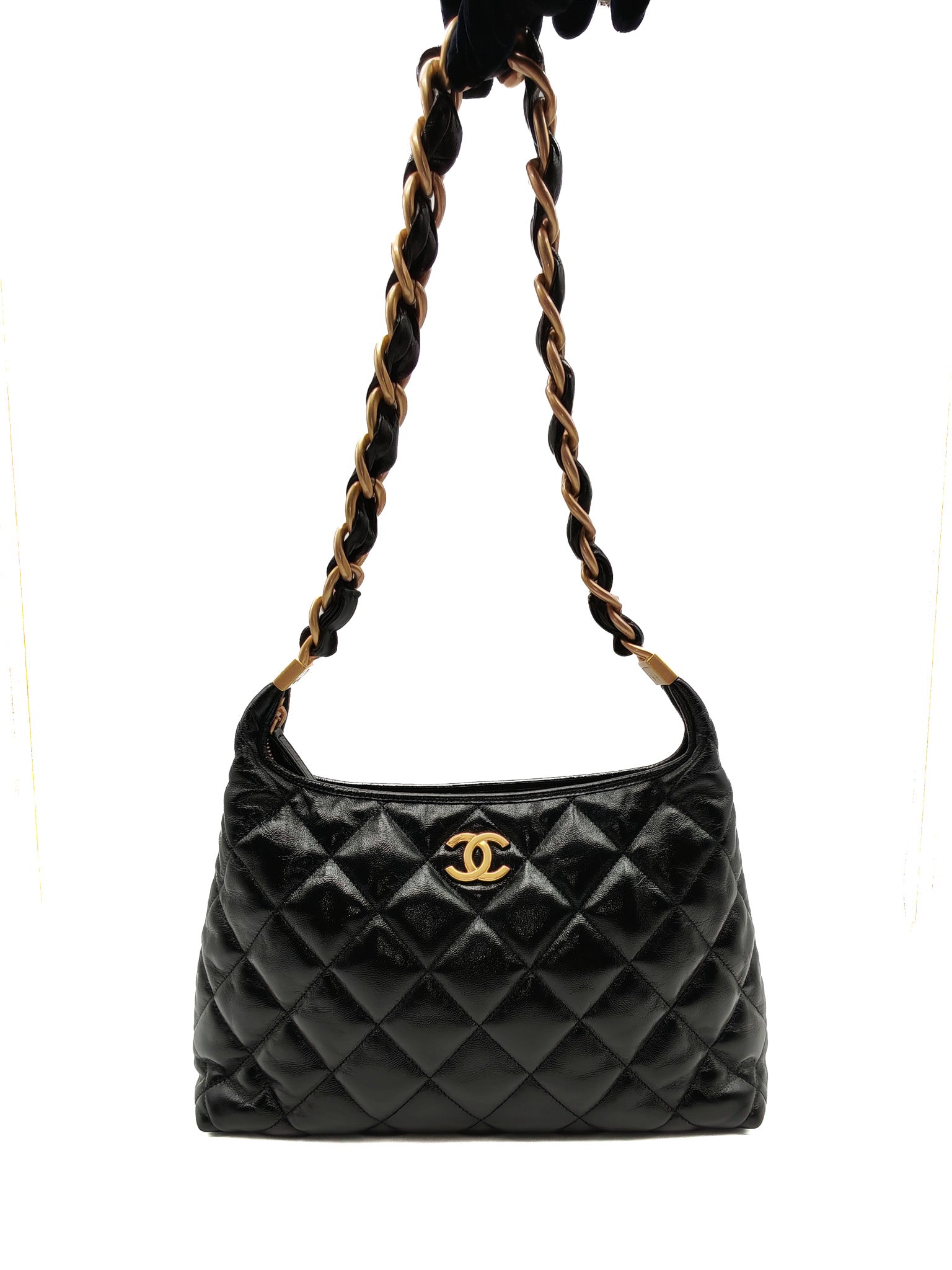 24A Hobo Bag in Black Lambskin Leather & Aged Gold Hardware Microchip
