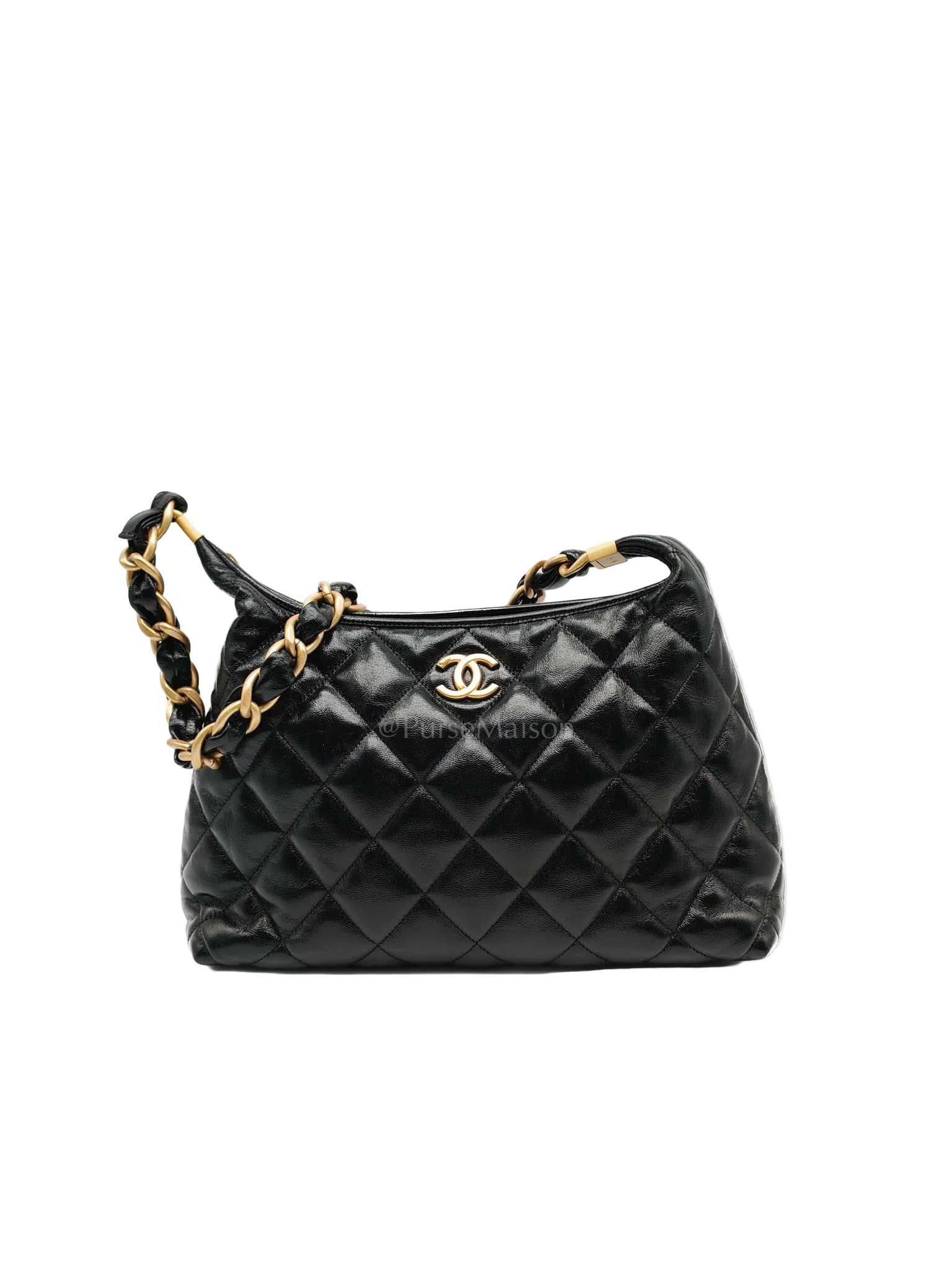24A Hobo Bag in Black Lambskin Leather & Aged Gold Hardware Microchip