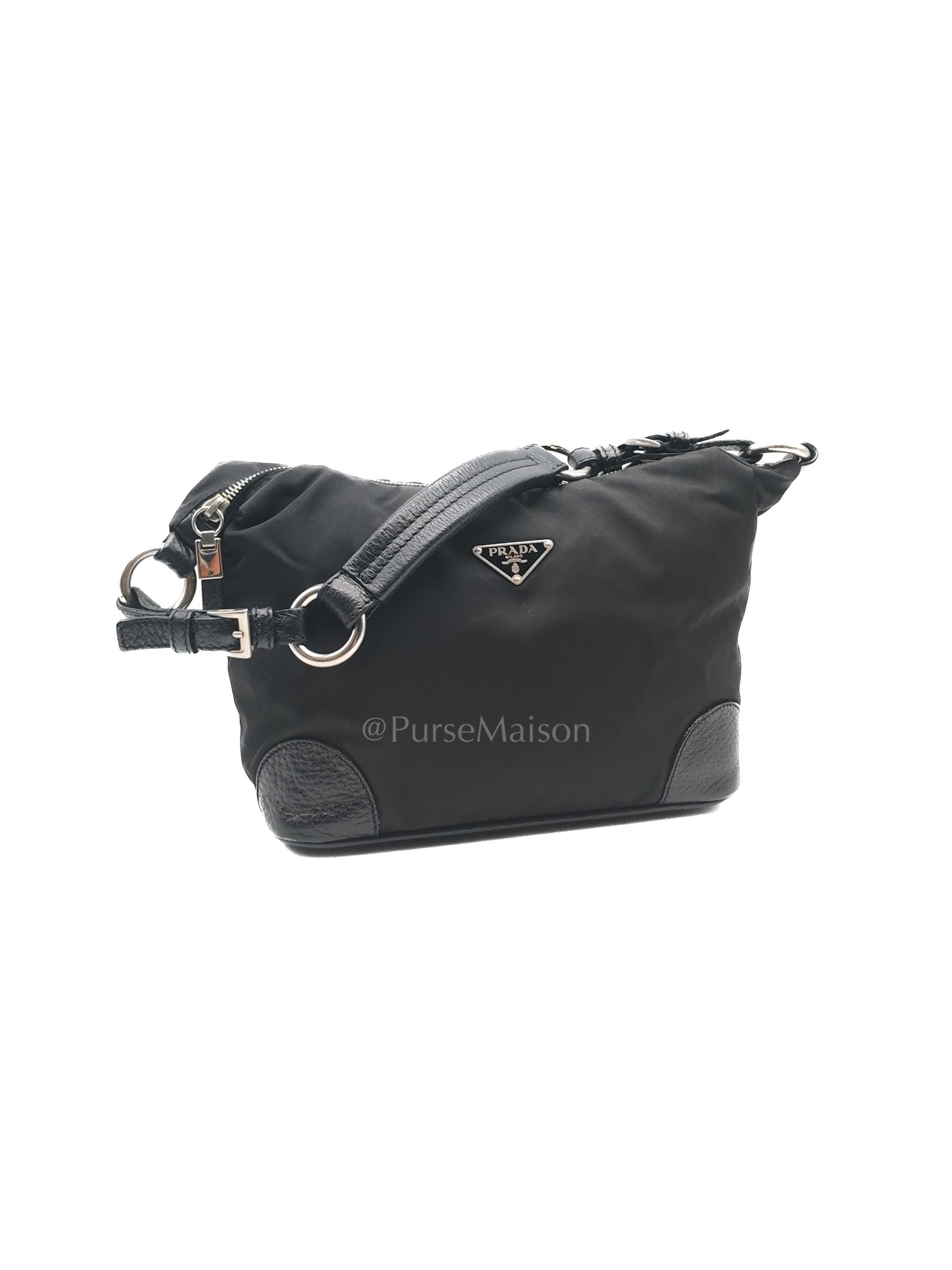 Tessuto Shoulder Bag in Black Nylon Canvas & Silver Hardware