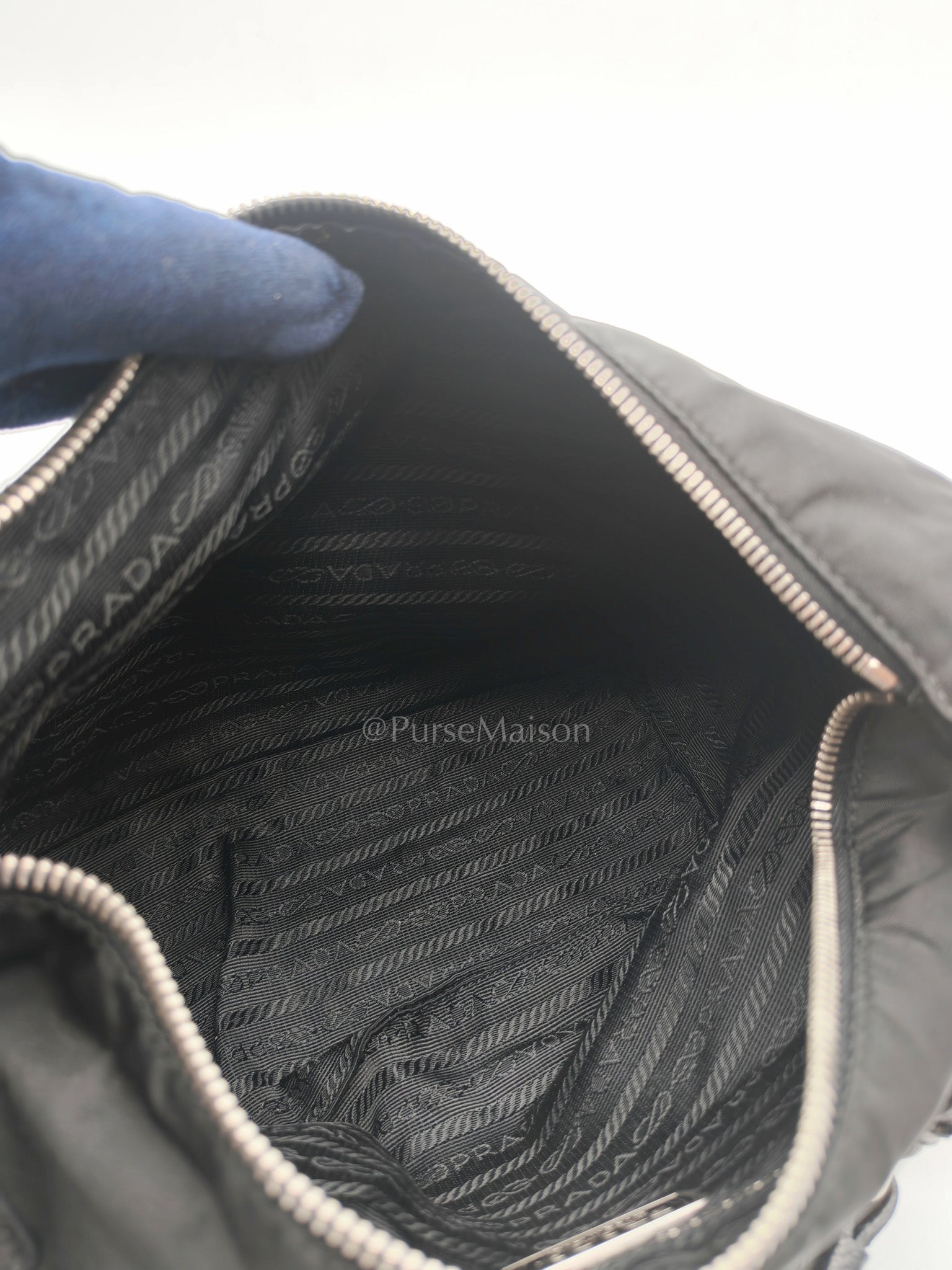 Tessuto Shoulder Bag in Black Nylon Canvas & Silver Hardware
