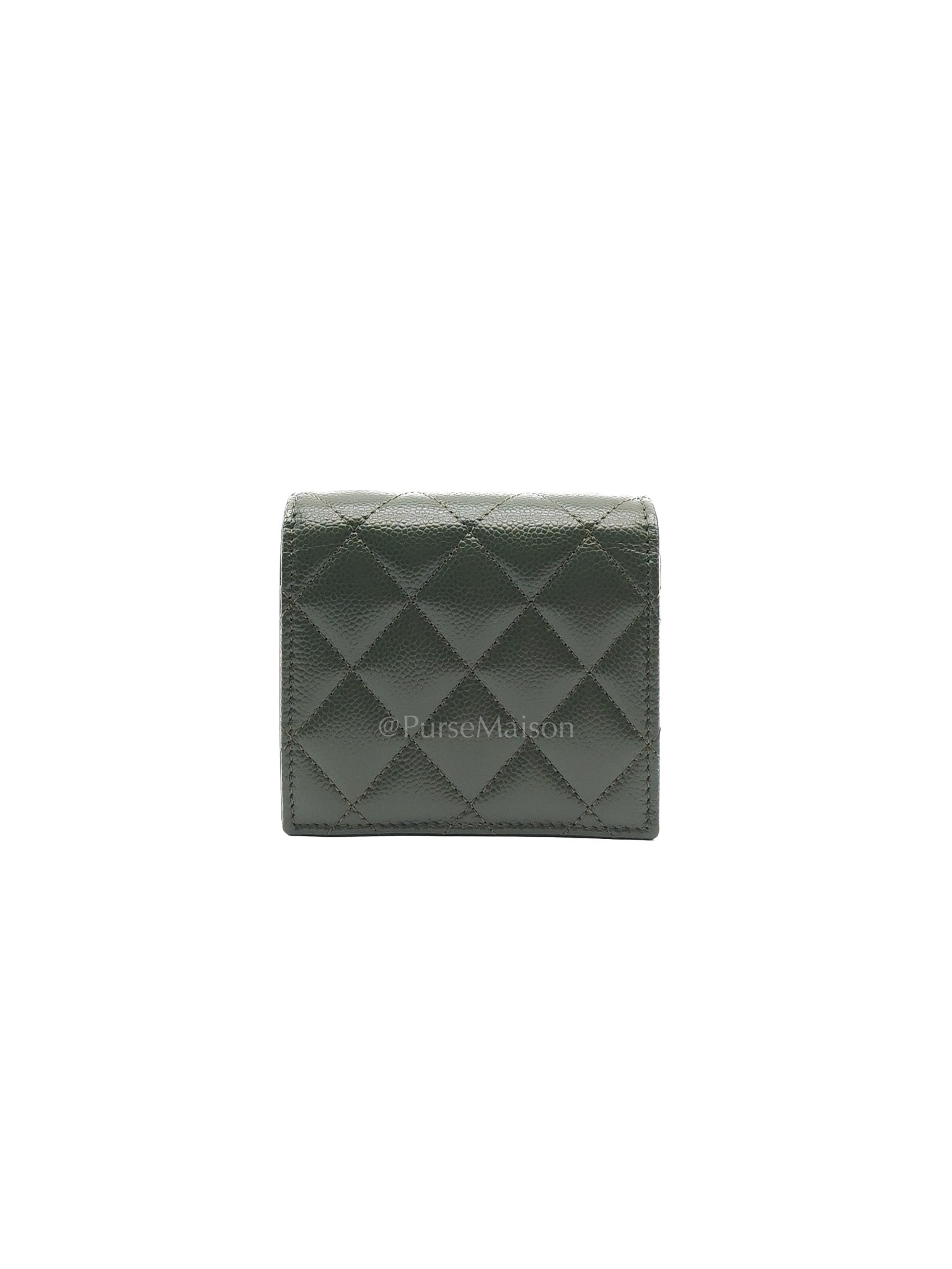 Twirling CC Logo Bi-Fold Wallet in Khaki Caviar Leather in Light Gold Hardware (Microchip)
