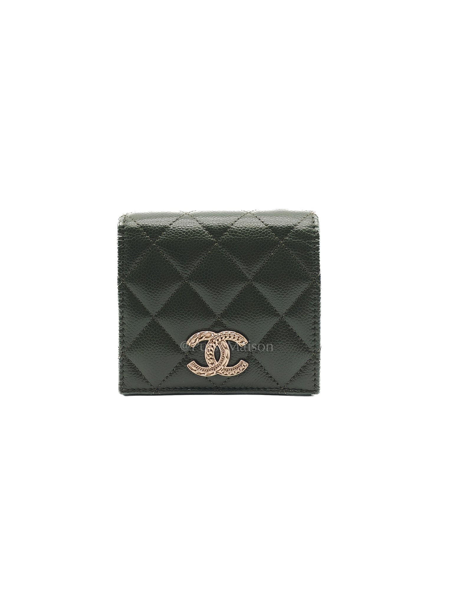 Twirling CC Logo Bi-Fold Wallet in Khaki Caviar Leather in Light Gold Hardware (Microchip)
