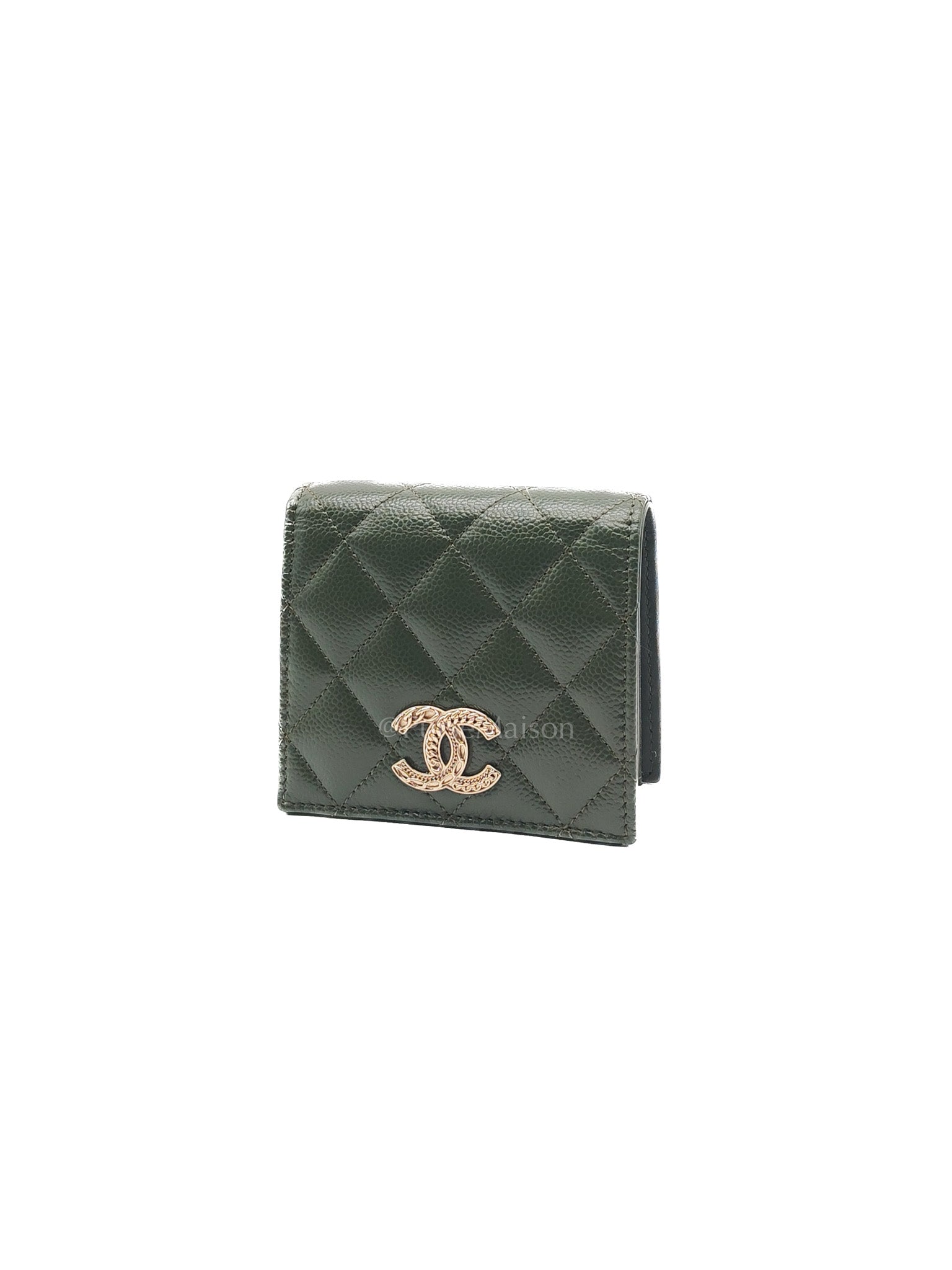 Twirling CC Logo Bi-Fold Wallet in Khaki Caviar Leather in Light Gold Hardware (Microchip)
