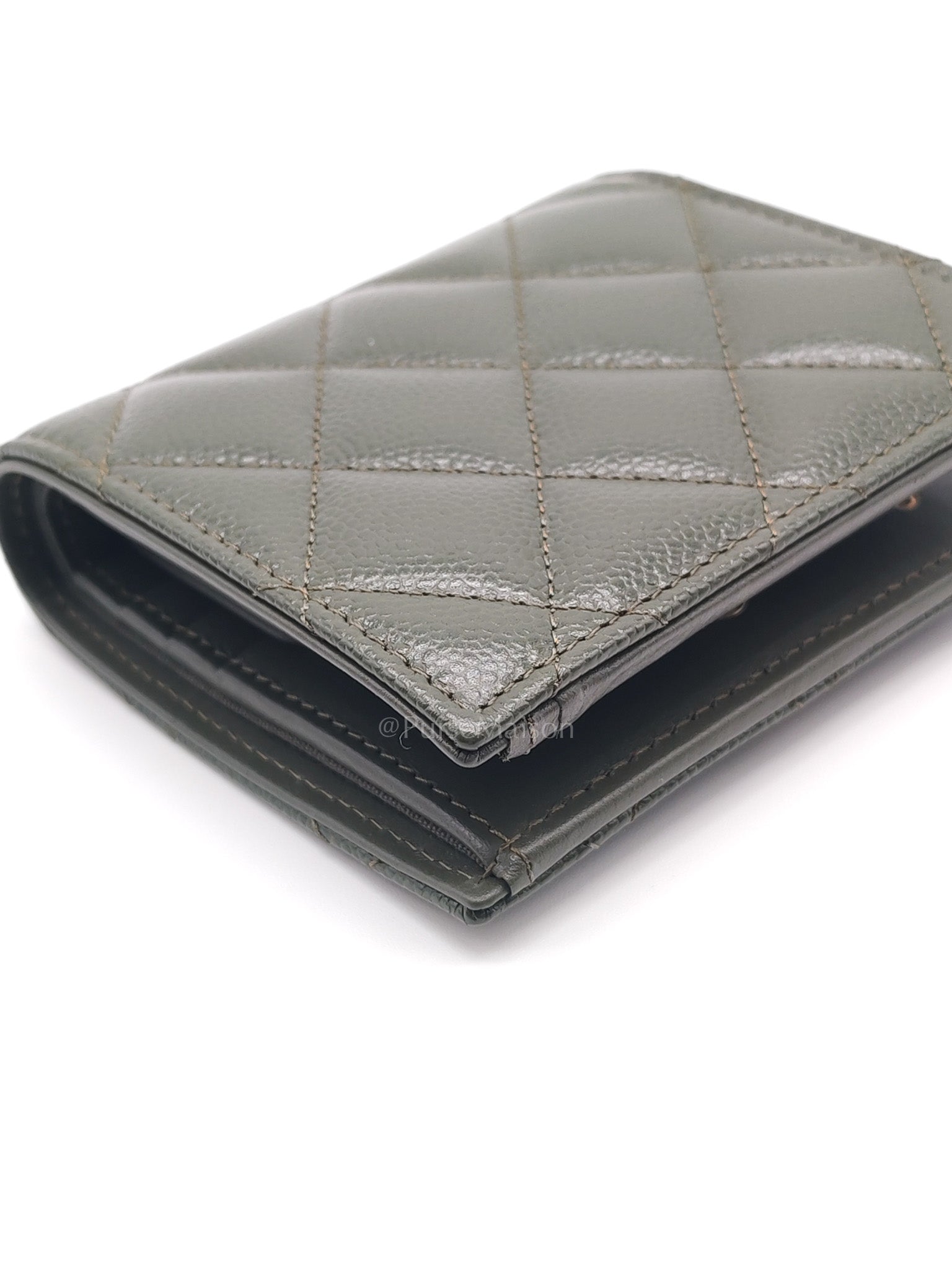 Twirling CC Logo Bi-Fold Wallet in Khaki Caviar Leather in Light Gold Hardware (Microchip)