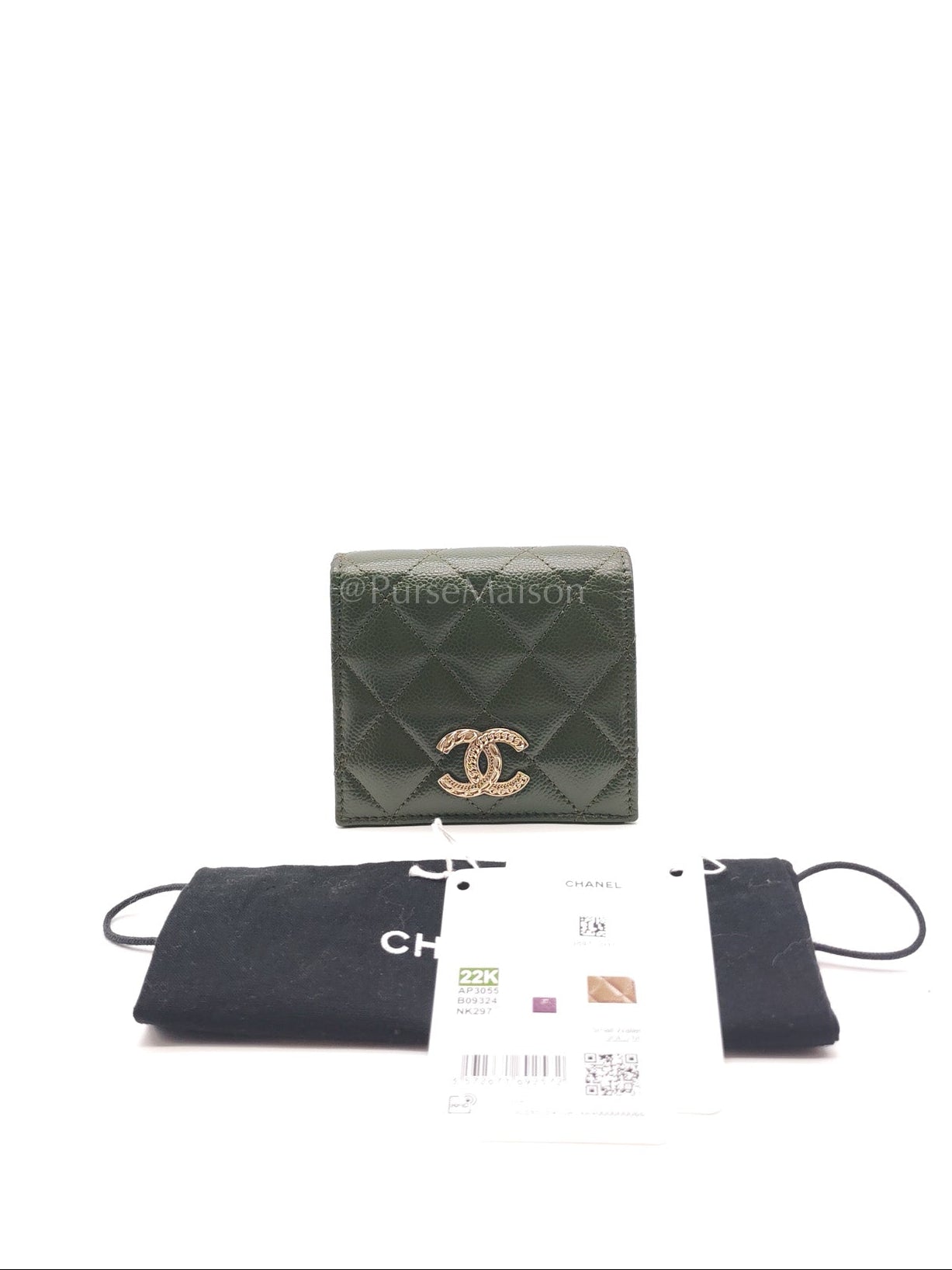Twirling CC Logo Bi-Fold Wallet in Khaki Caviar Leather in Light Gold Hardware (Microchip)