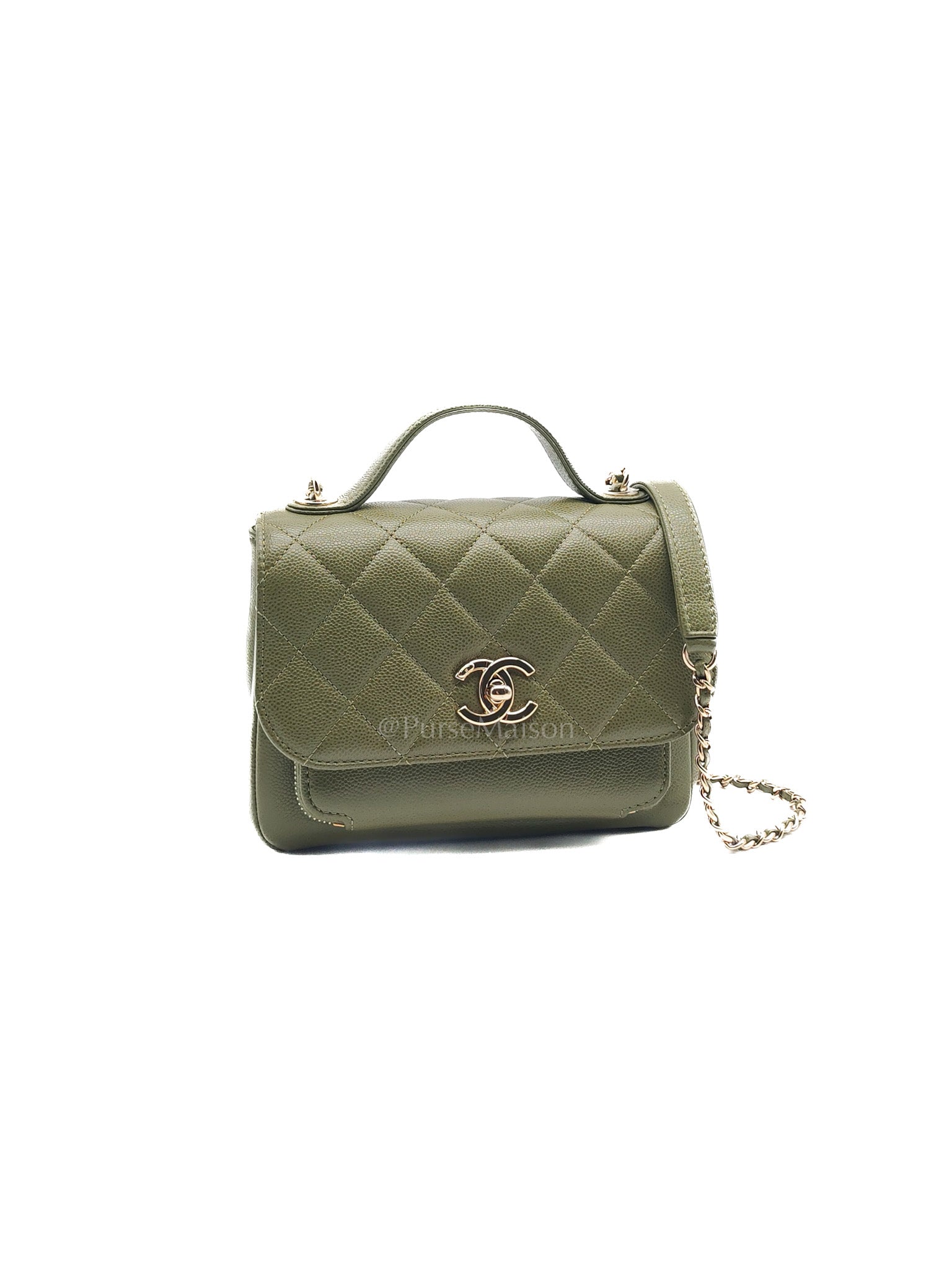 Business Affinity Bag in Sage Green Quilted Caviar Leather & Light Gold Hardware Microchip