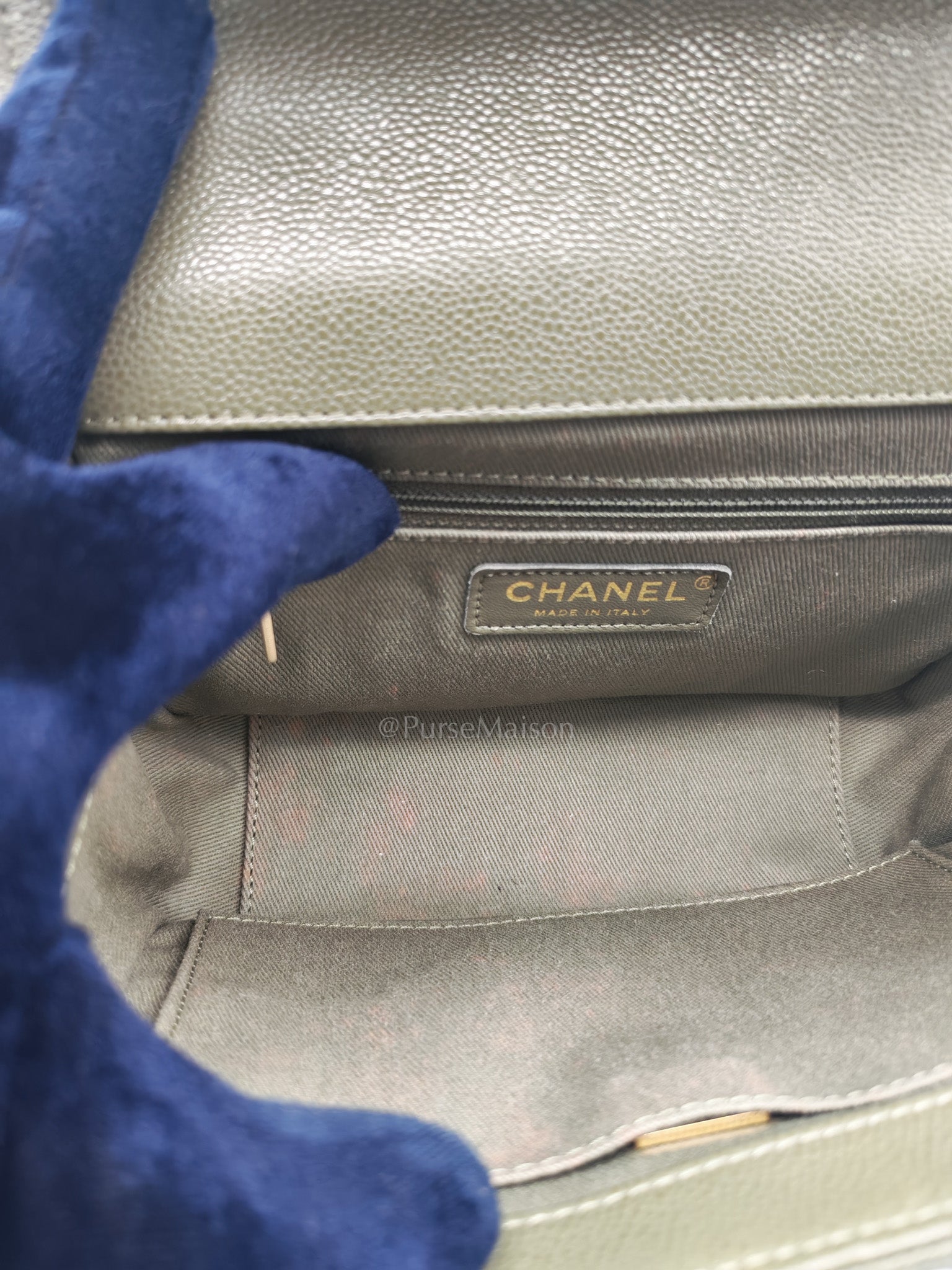 Business Affinity Bag in Sage Green Quilted Caviar Leather & Light Gold Hardware Microchip