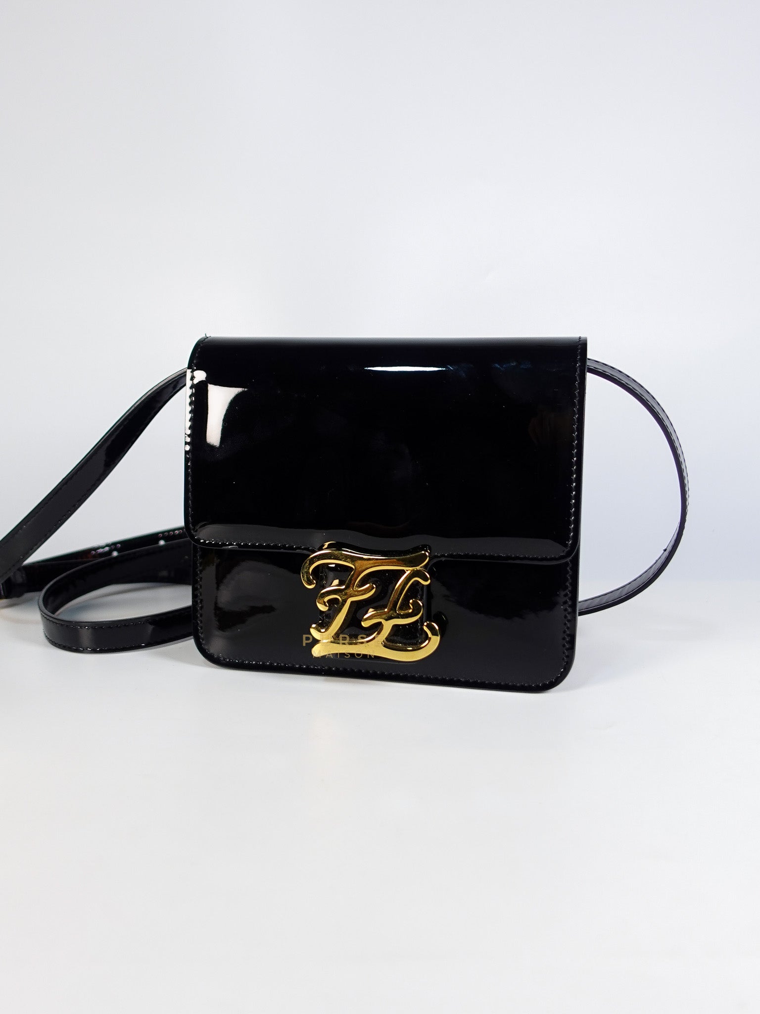 Karligraphy Crossbody Bag Small in Black Patent Leather | Purse Maison Luxury Bags Shop