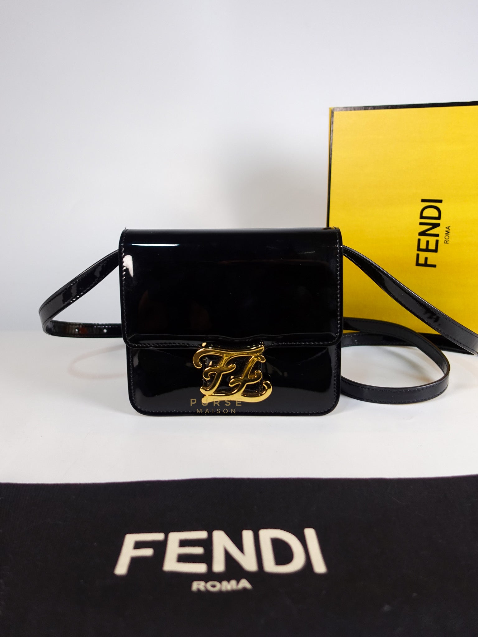 Karligraphy Crossbody Bag Small in Black Patent Leather | Purse Maison Luxury Bags Shop