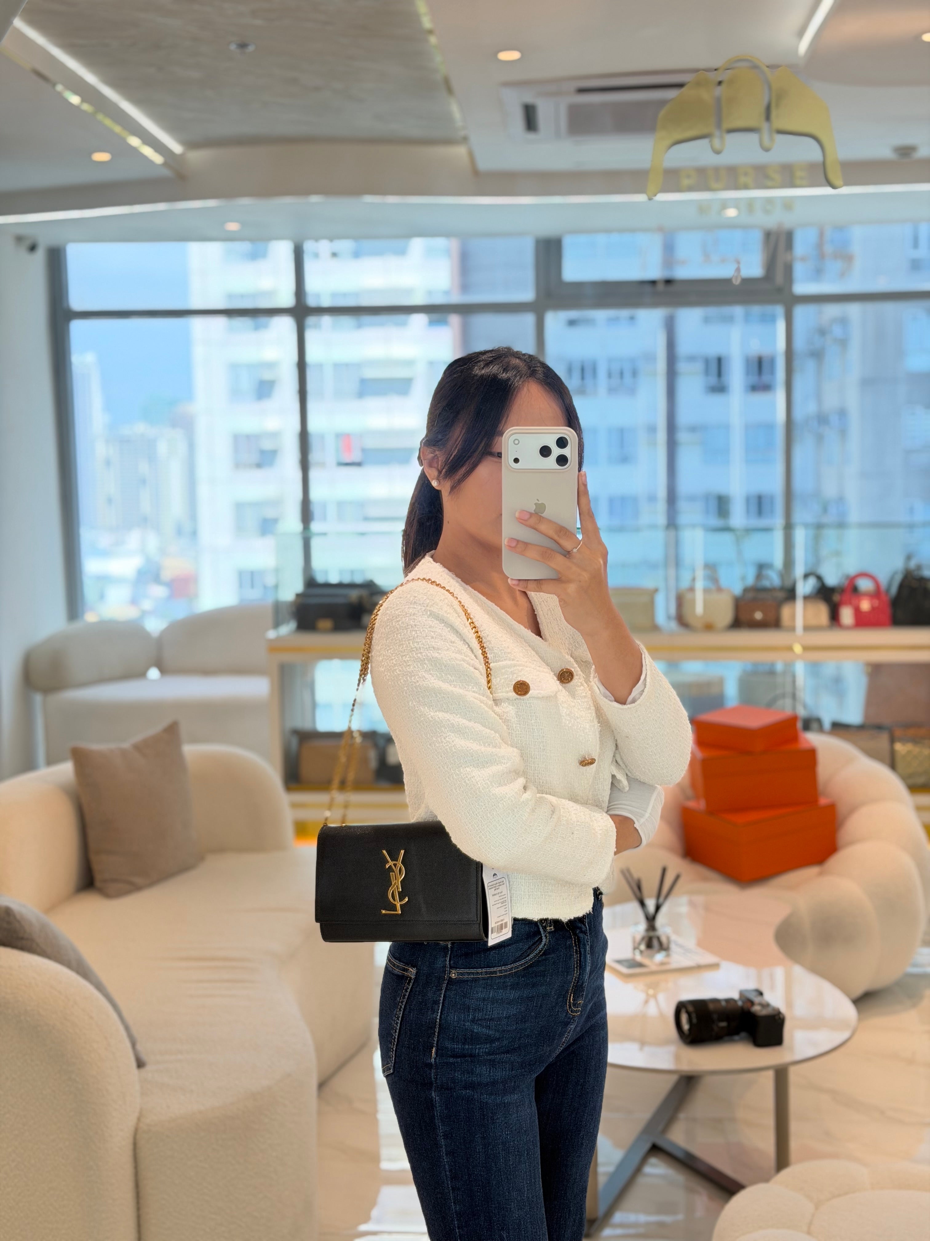 Kate Small in Black Grained Calfskin Leather and Gold Hardware Chain Bag | Purse Maison Luxury Bags Shop