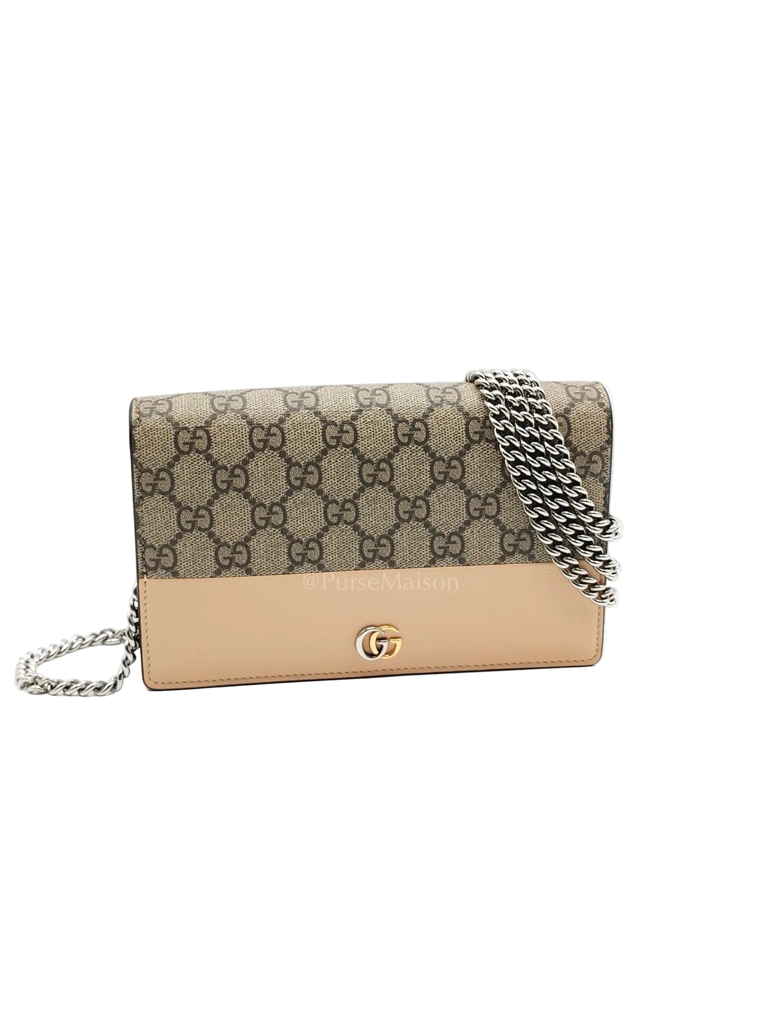 Gucci GG Marmont Wallet on Chain in Beige Leather GG Supreme Canvas