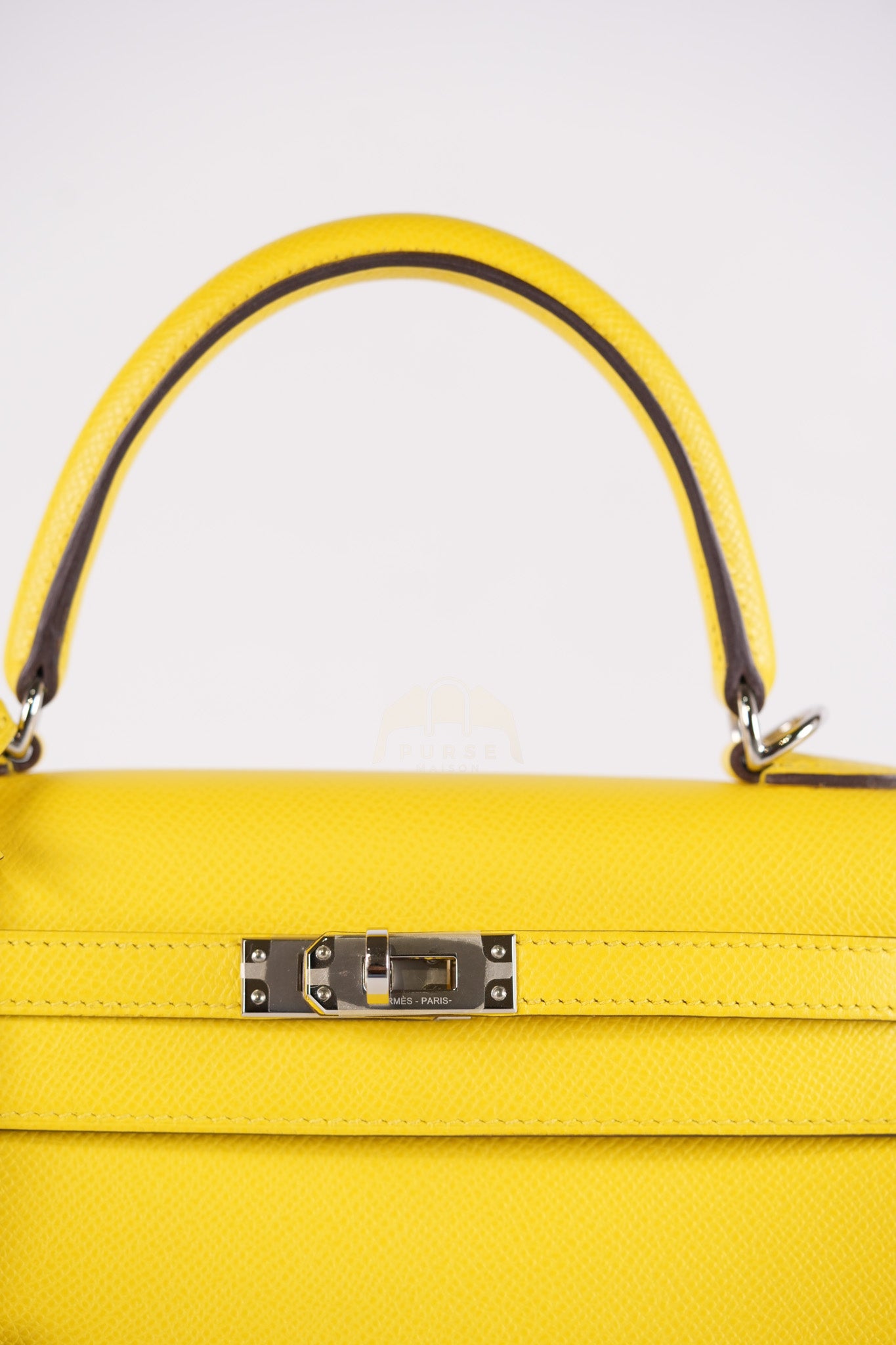 Kelly 25 in Jaune De Naples Sellier Epsom Leather & Palladium Hardware Stamp U (2022) | Purse Maison Luxury Bags Shop