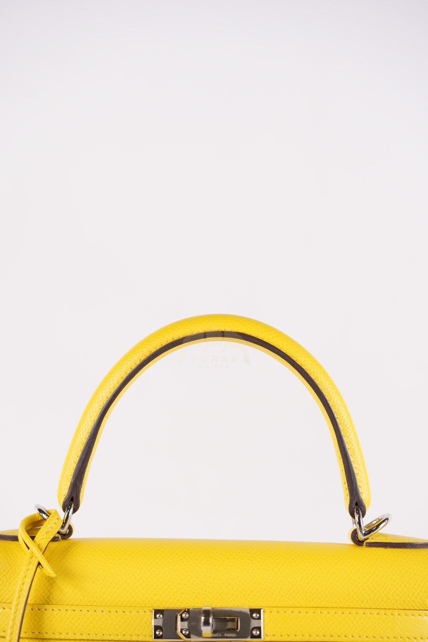 Kelly 25 in Jaune De Naples Sellier Epsom Leather & Palladium Hardware Stamp U (2022) | Purse Maison Luxury Bags Shop
