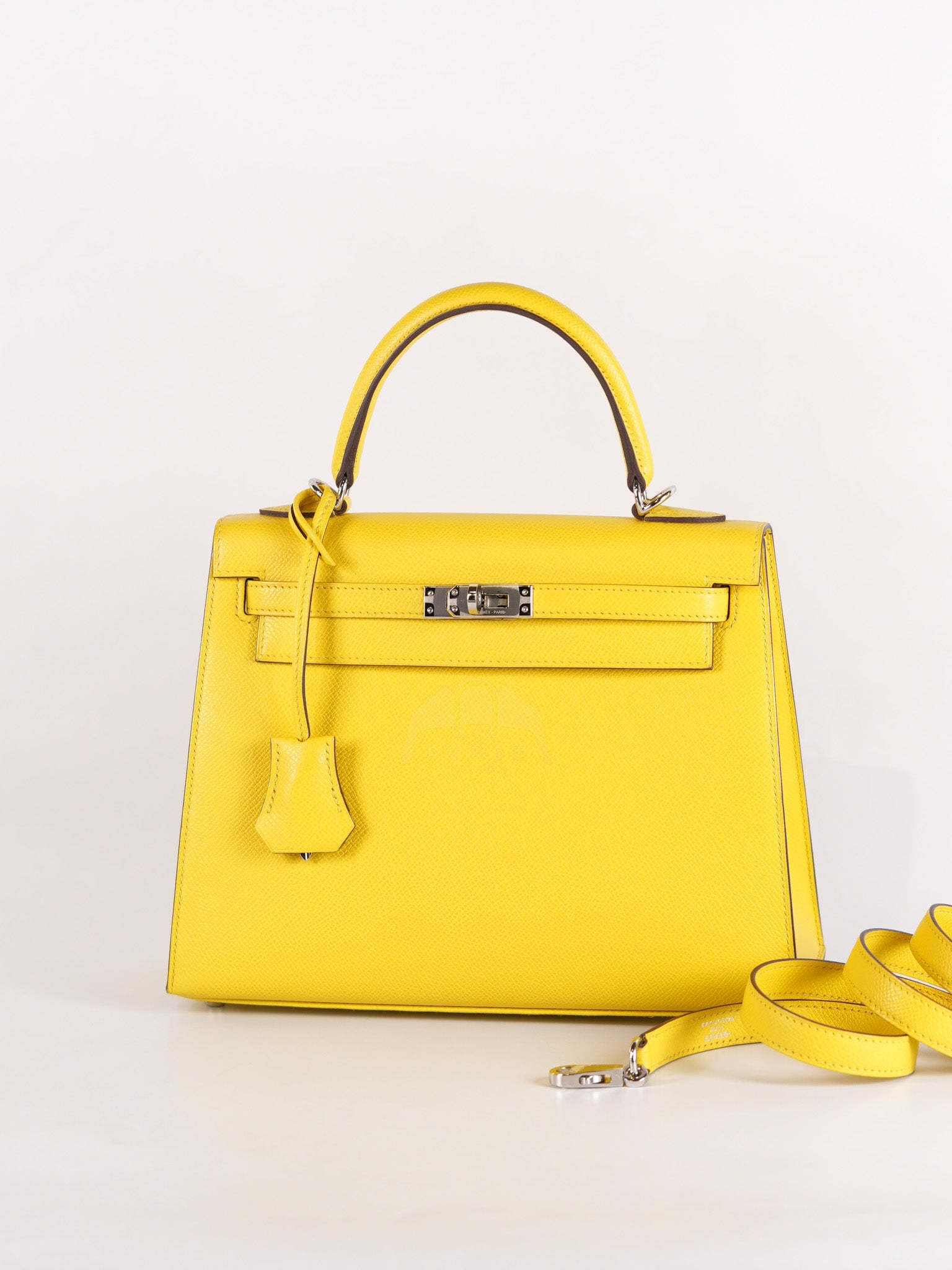 Kelly 25 in Jaune De Naples Sellier Epsom Leather & Palladium Hardware Stamp U (2022) | Purse Maison Luxury Bags Shop