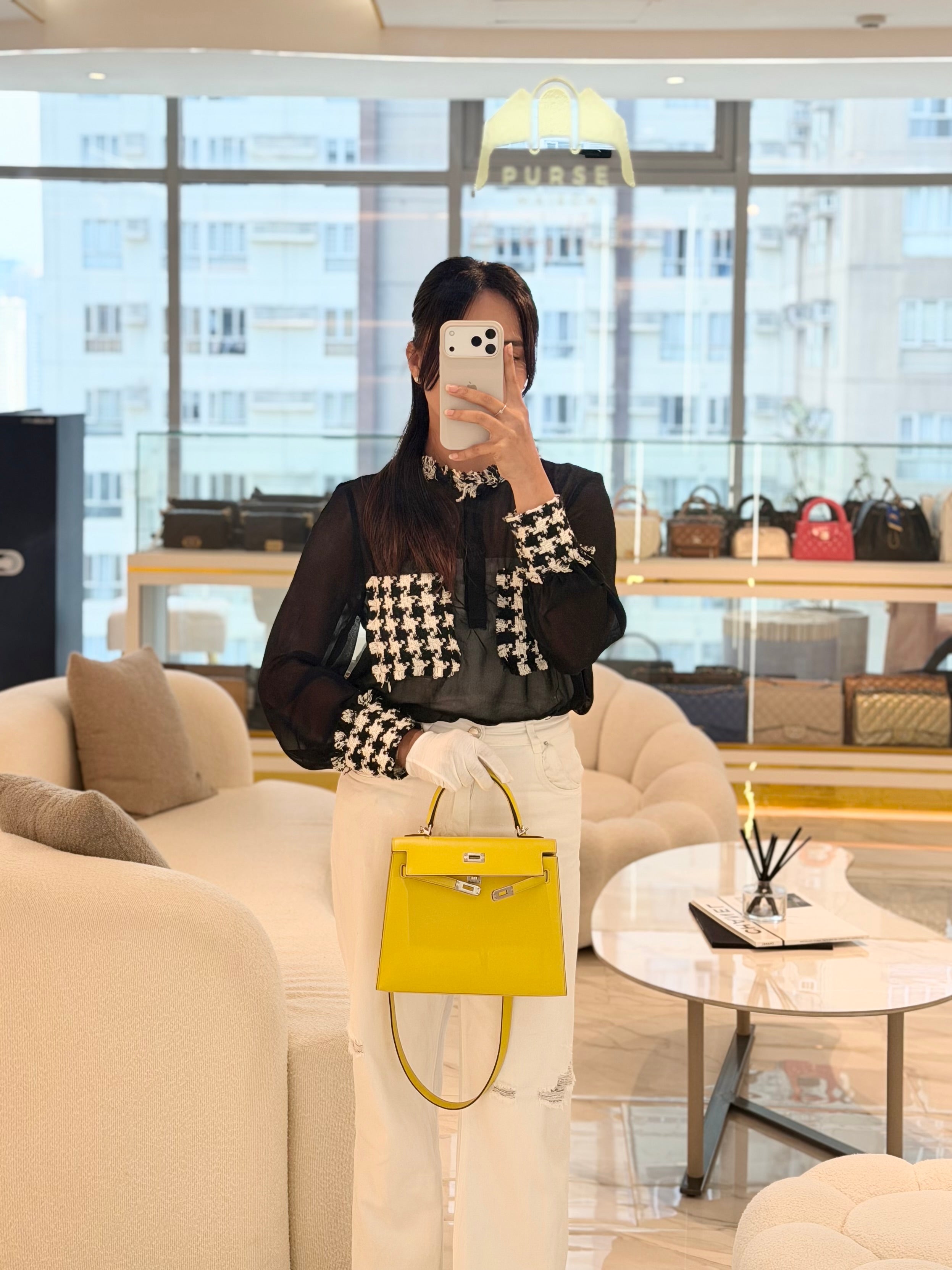 Kelly 25 in Jaune De Naples Sellier Epsom Leather & Palladium Hardware Stamp U (2022) | Purse Maison Luxury Bags Shop