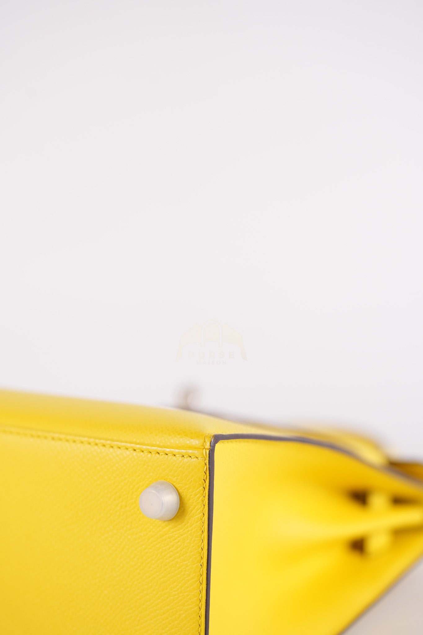 Kelly 25 in Jaune De Naples Sellier Epsom Leather & Palladium Hardware Stamp U (2022) | Purse Maison Luxury Bags Shop
