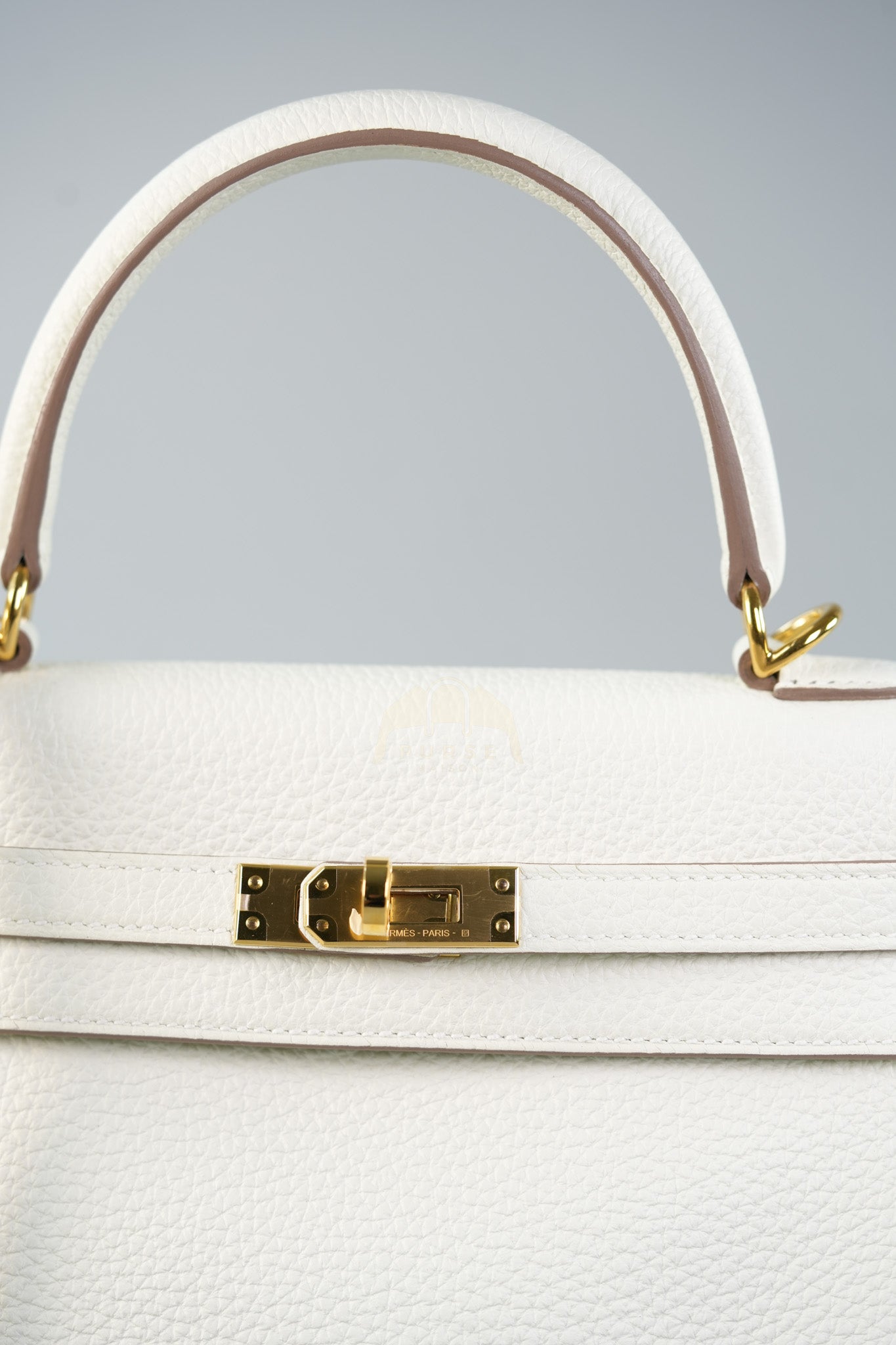 Kelly 25 in Mushroom Togo Leather Retourne & Gold Hardware Stamp B (2023) | Purse Maison Luxury Bags Shop