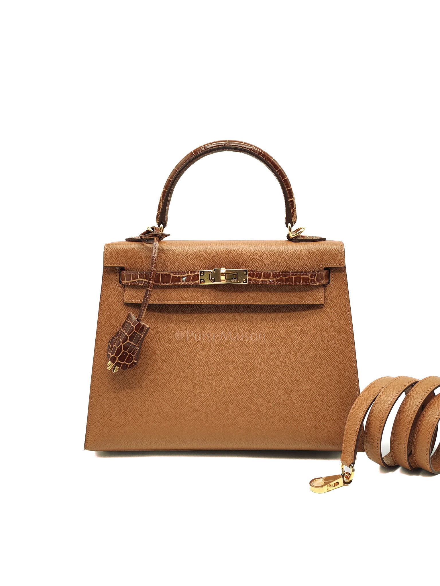 Kelly 25 Sellier in Gold Madame Leather and Shiny Croc Touch and Gold Hardware Stamp U (2022) | Purse Maison Luxury Bags Shop