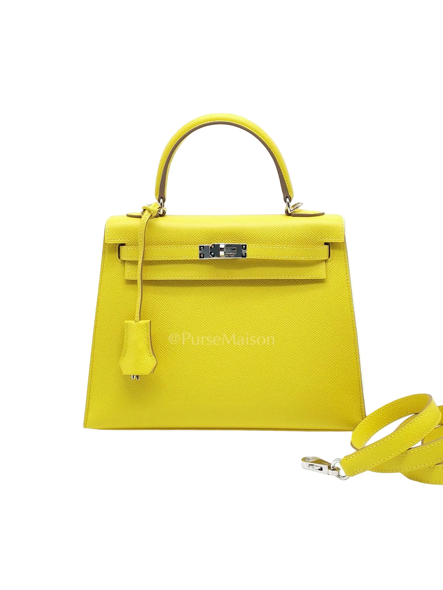 Kelly 25 Sellier in Lime Epsom Leather and Palladiun Hardware Stamp U (2022) | Purse Maison Luxury Bags Shop