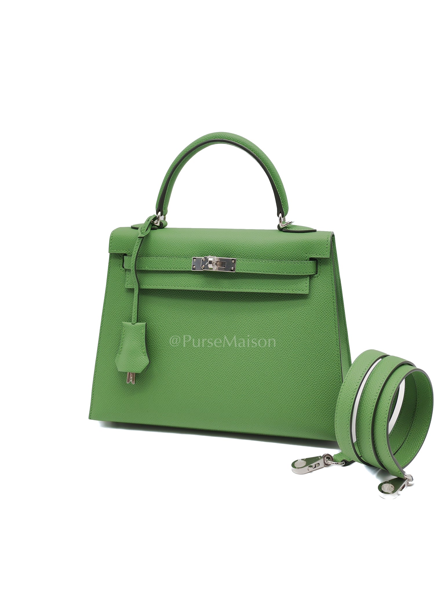 Kelly 25 Sellier in Vert Yucca Epsom Leather and Palladium Hardware Stamp W (2024) | Purse Maison Luxury Bags Shop