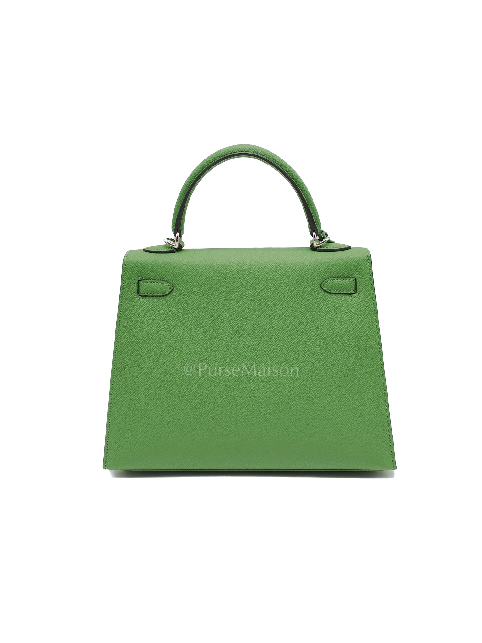 Kelly 25 Sellier in Vert Yucca Epsom Leather and Palladium Hardware Stamp W (2024) | Purse Maison Luxury Bags Shop