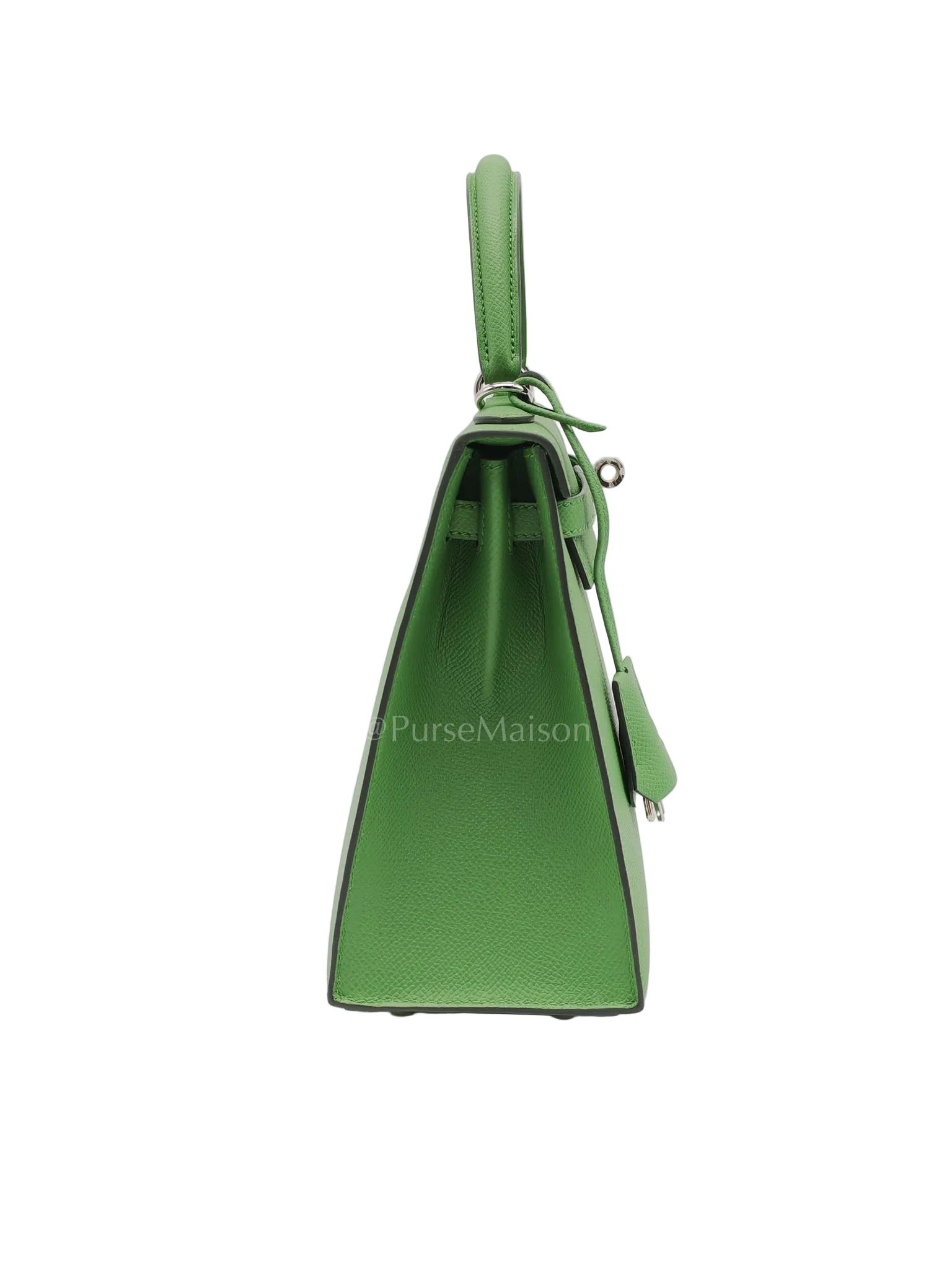 Kelly 25 Sellier in Vert Yucca Epsom Leather and Palladium Hardware Stamp W (2024) | Purse Maison Luxury Bags Shop