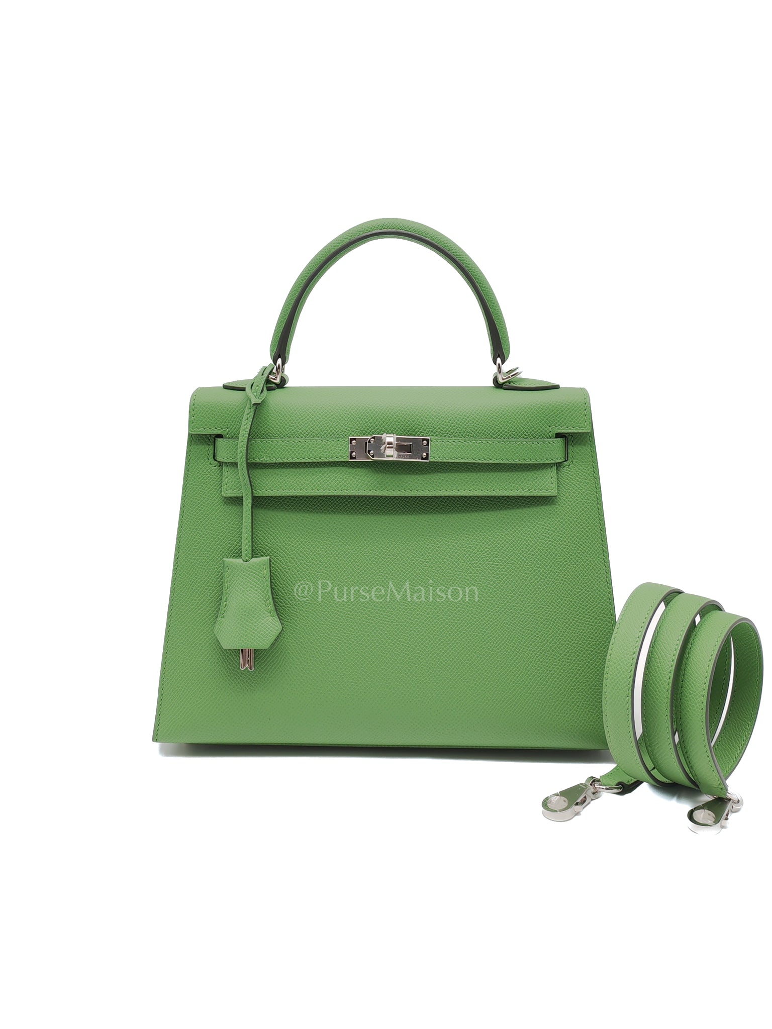 Kelly 25 Sellier in Vert Yucca Epsom Leather and Palladium Hardware Stamp W (2024) | Purse Maison Luxury Bags Shop