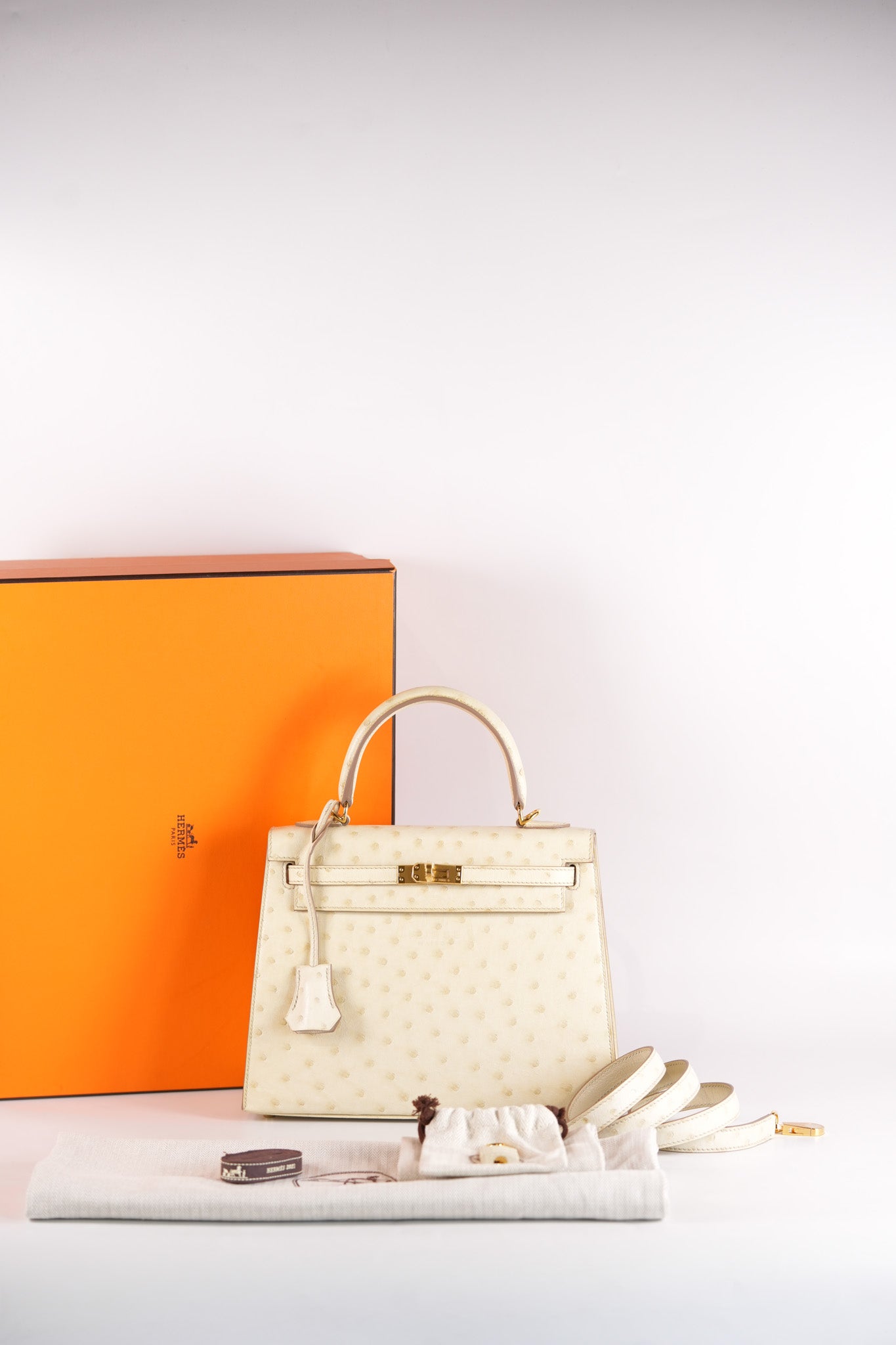 Kelly 25 Sellier Parchemin in Ostrich Leather and Gold Hardware Stamp Z (2021) | Purse Maison Luxury Bags Shop