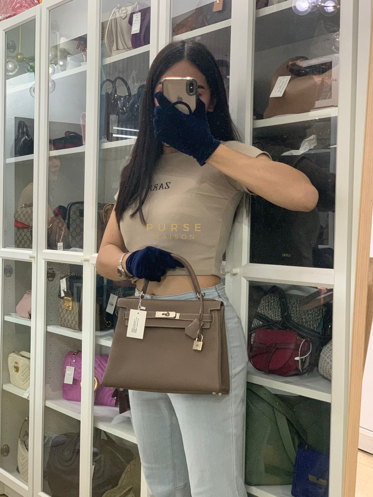 Kelly 28 in Etoupe Togo Leather & Palladium Hardware Stamp D(2019) | Purse Maison Luxury Bags Shop