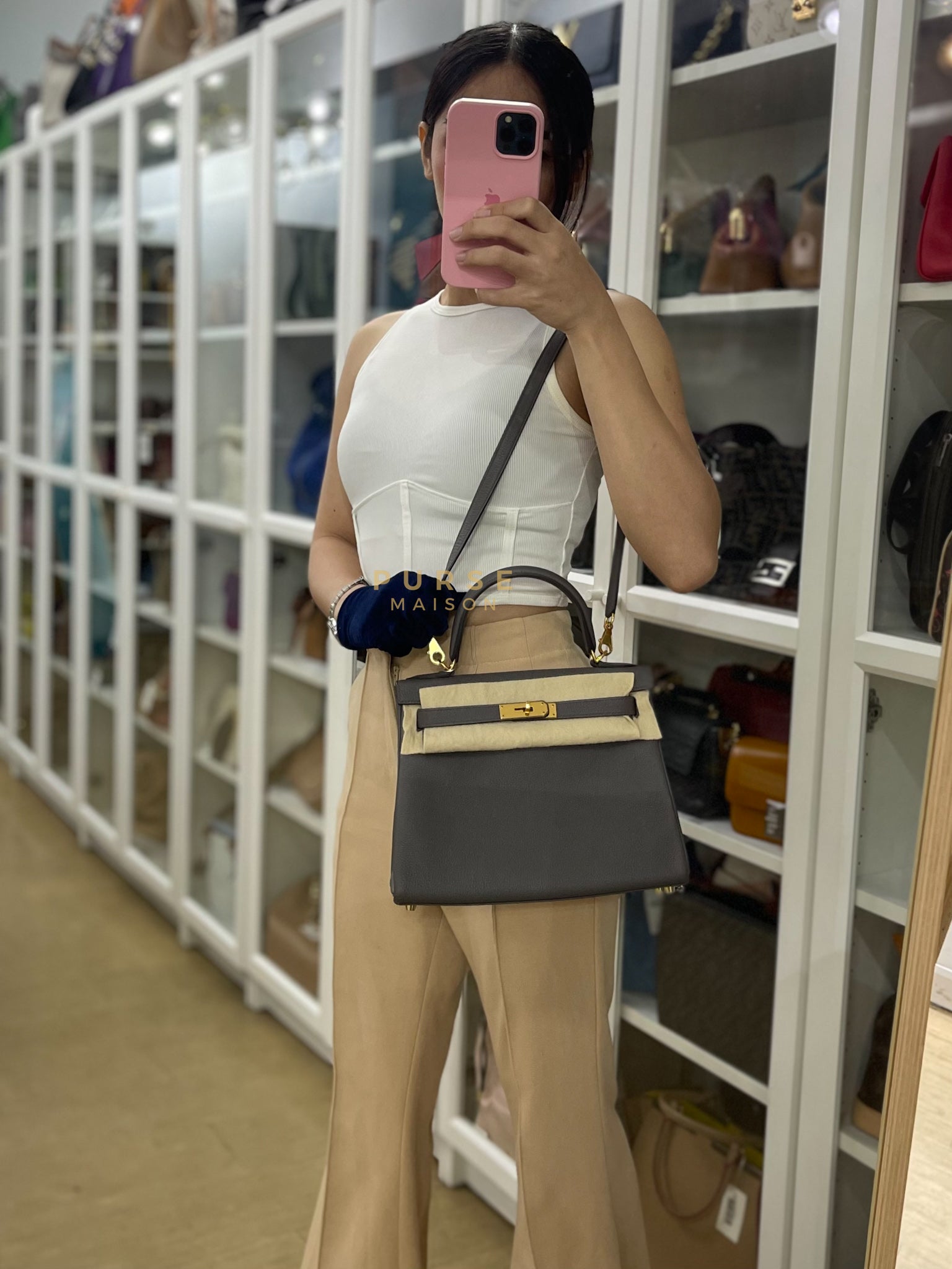 Kelly 28 Retourne Etain in Togo Leather and Gold Hardware Stamp A (2017) | Purse Maison Luxury Bags Shop