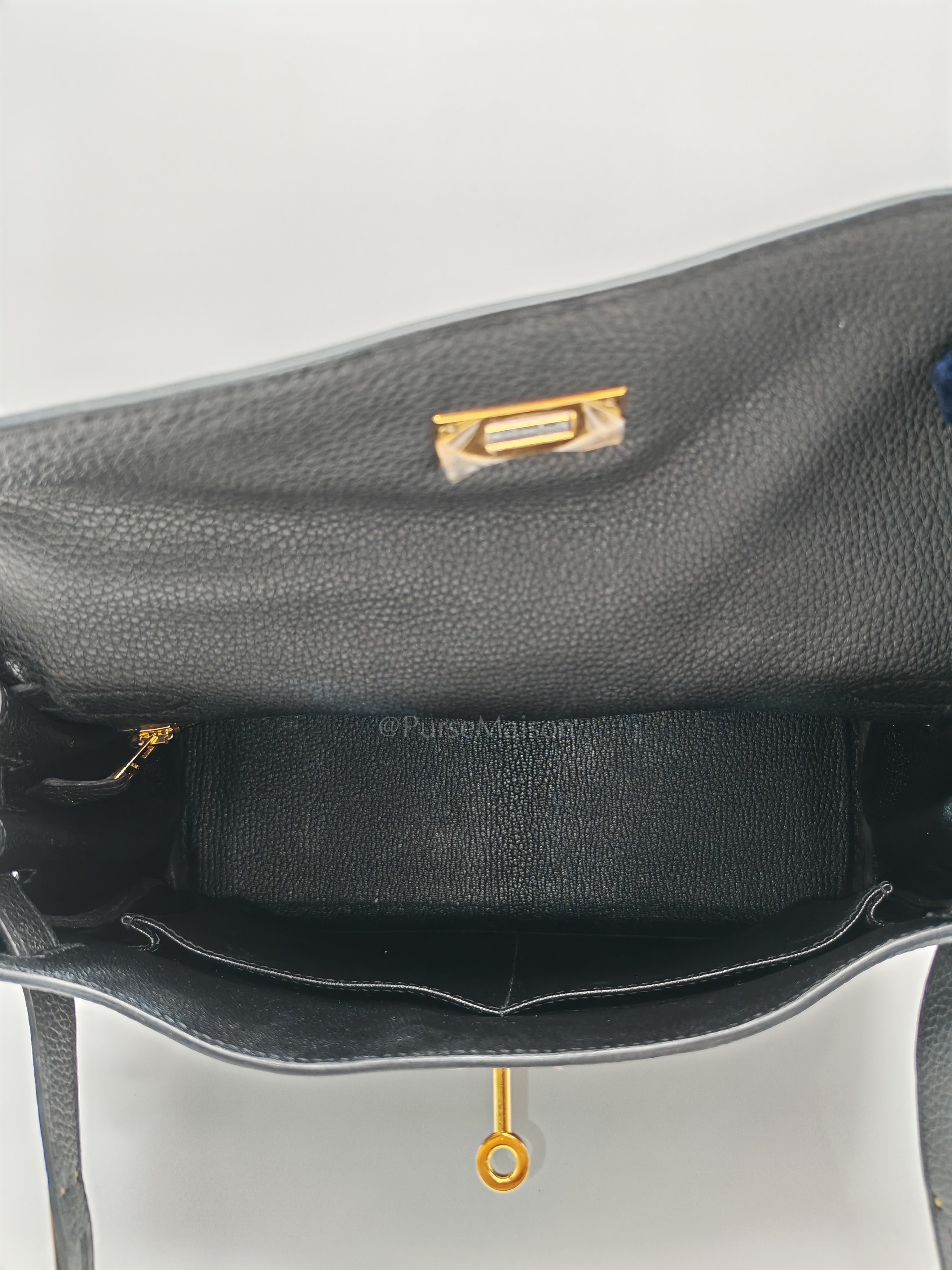 Kelly 28 Retourne in Black Togo Leather & Gold Hardware Stamp Square M (2009) | Purse Maison Luxury Bags Shop