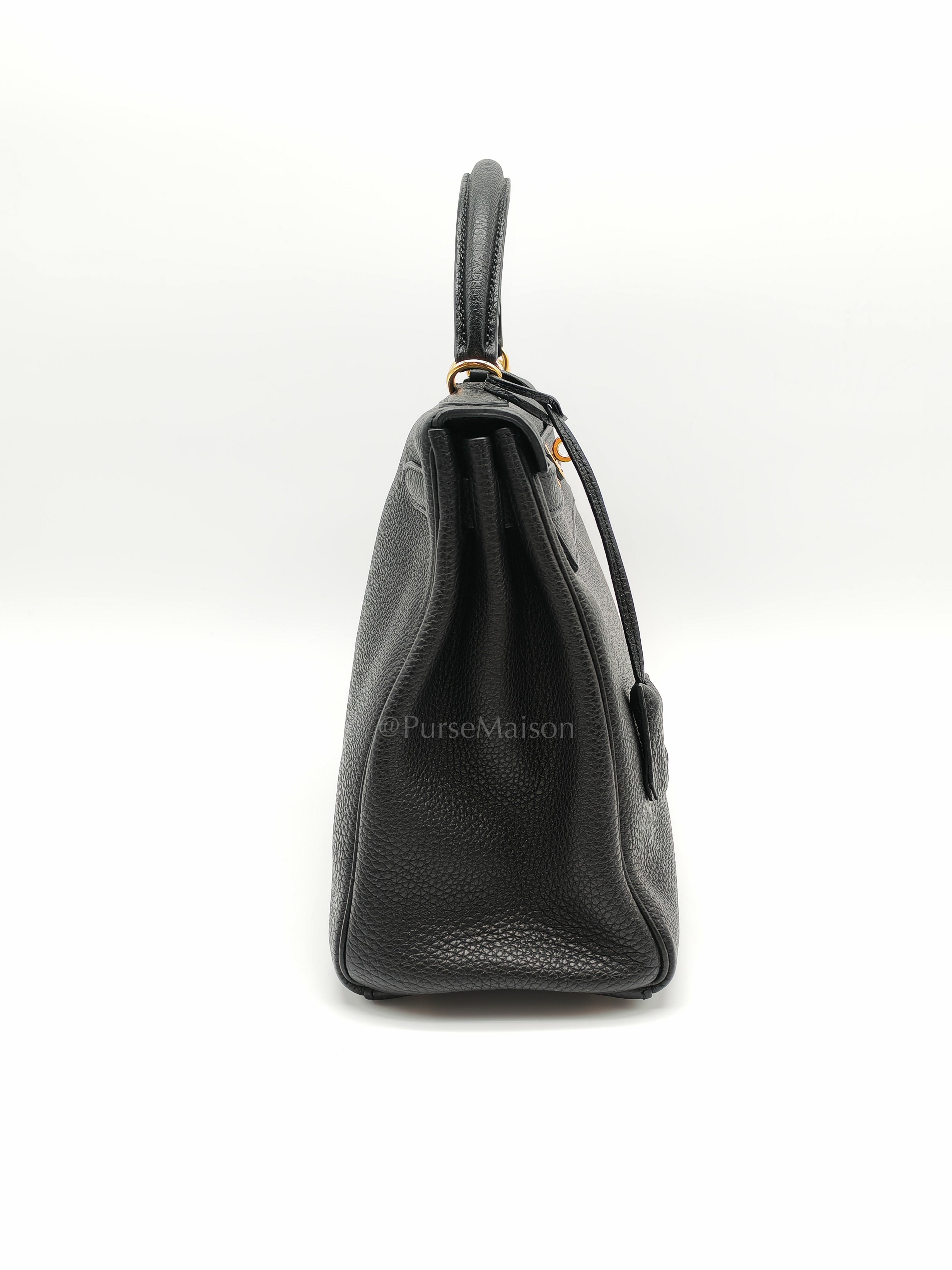 Kelly 28 Retourne in Black Togo Leather & Gold Hardware Stamp Square M (2009) | Purse Maison Luxury Bags Shop