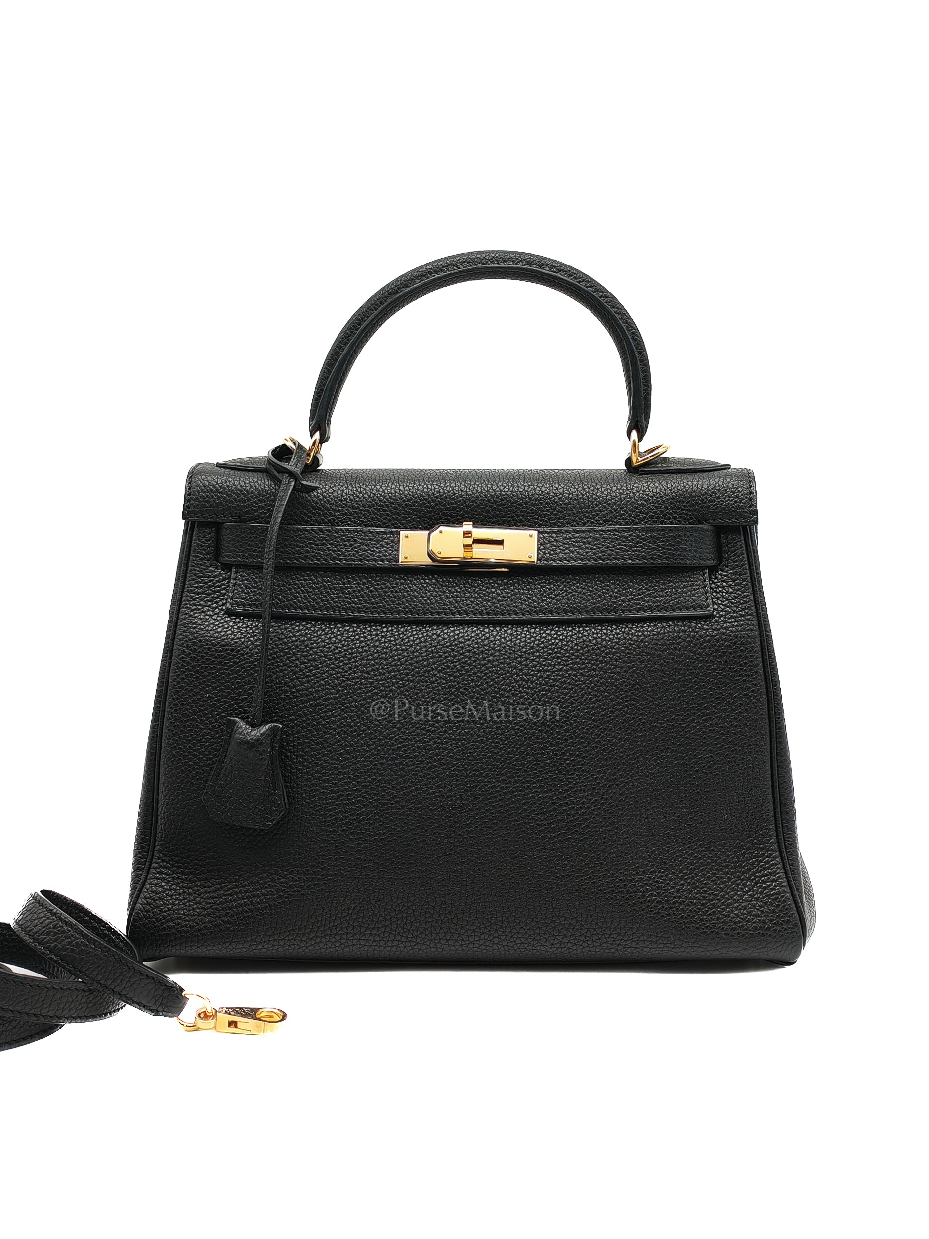 Kelly 28 Retourne in Black Togo Leather & Gold Hardware Stamp Square M (2009) | Purse Maison Luxury Bags Shop