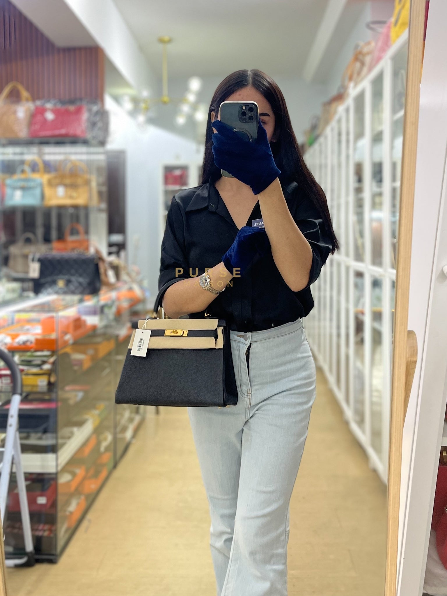 Kelly 28 Retourne in Black Togo Leather in Gold Hardware Stamp X (2016) | Purse Maison Luxury Bags Shop