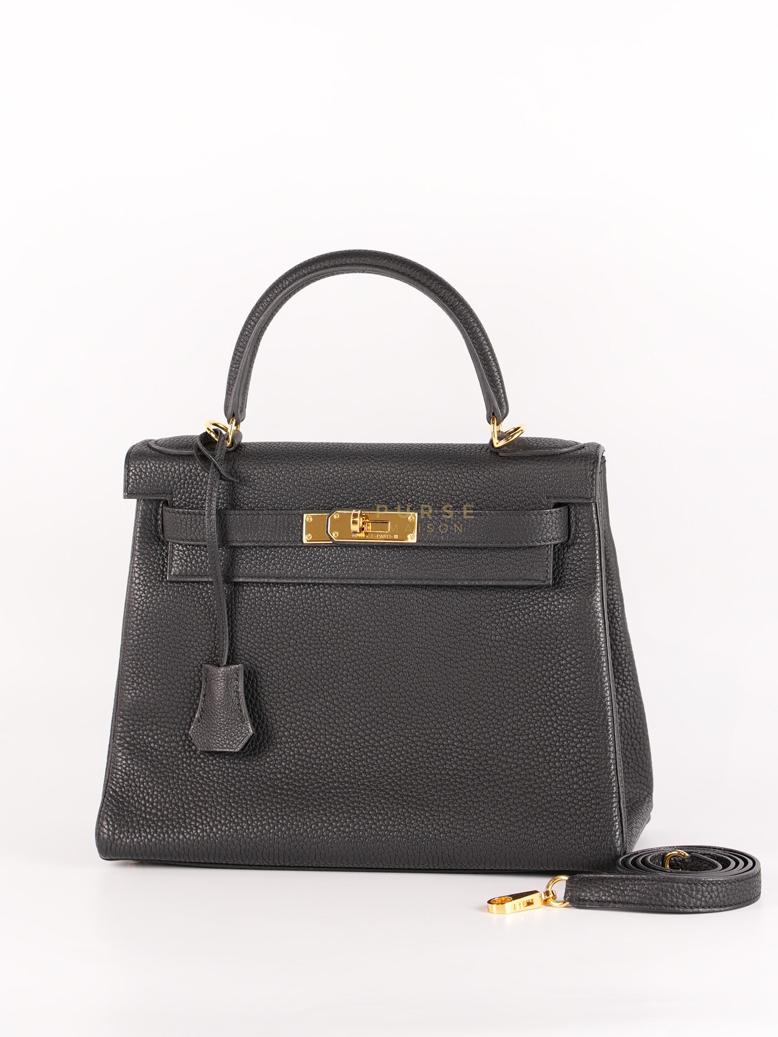 Kelly 28 Retourne in Black Togo Leather in Gold Hardware Stamp X (2016) | Purse Maison Luxury Bags Shop
