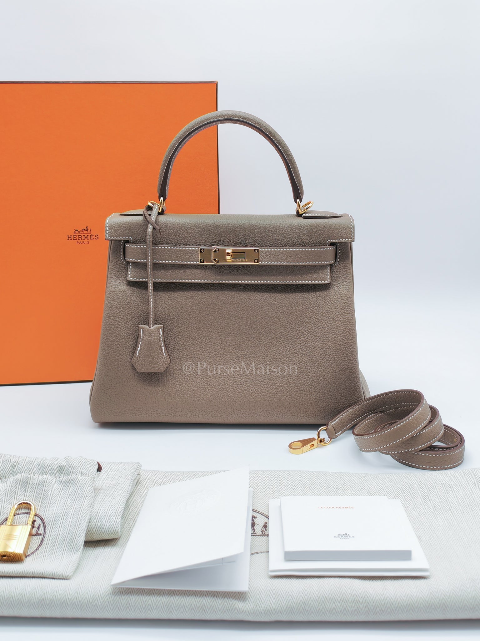 Kelly 28 Retourne in Etoupe Togo Leather and Gold Hardware Stamp U (2022) | Purse Maison Luxury Bags Shop