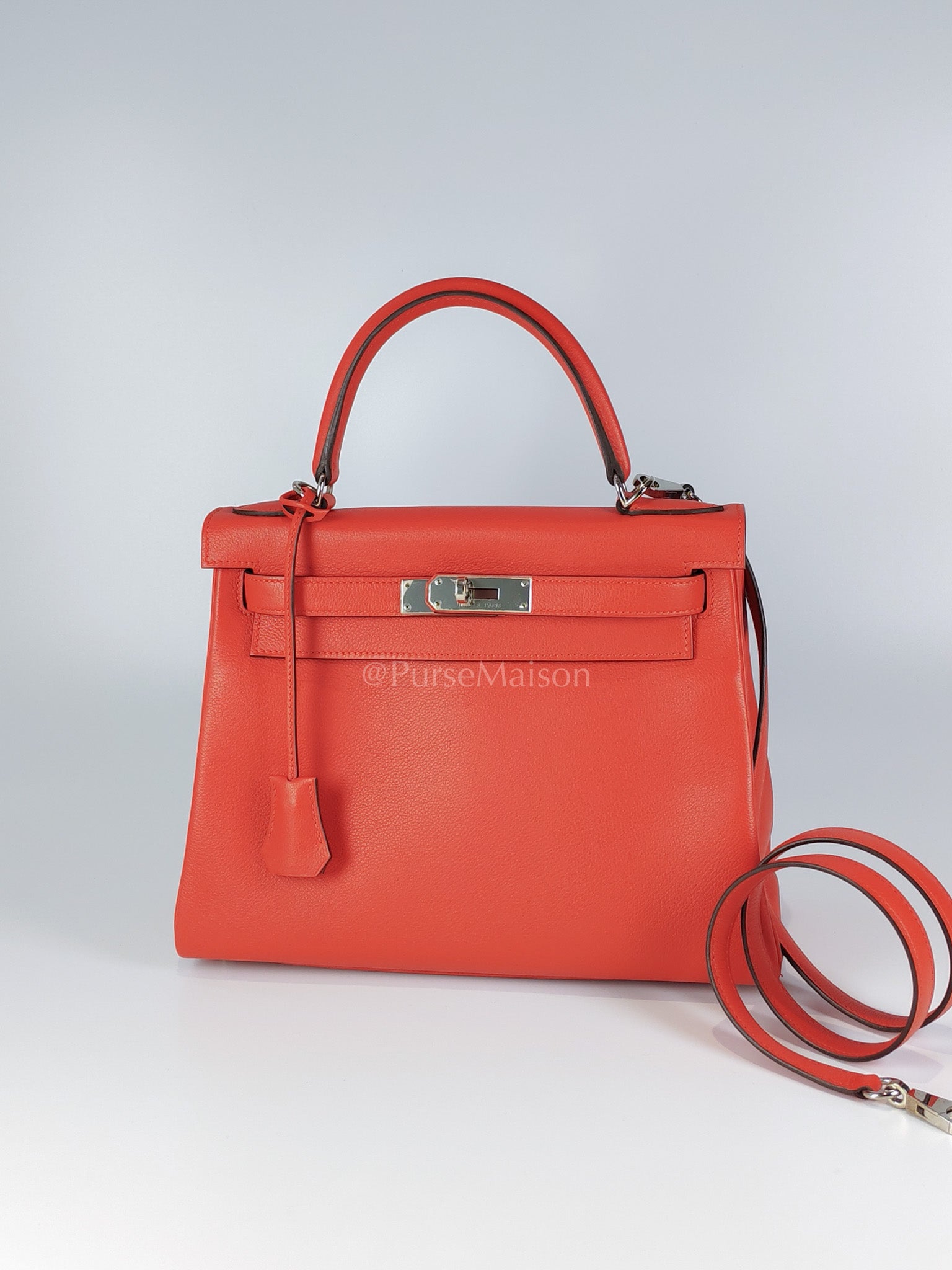 Kelly 28 Retourne in Rouge Tomate Evercolor in Palladium Hardware Stamp X (2016) | Purse Maison Luxury Bags Shop