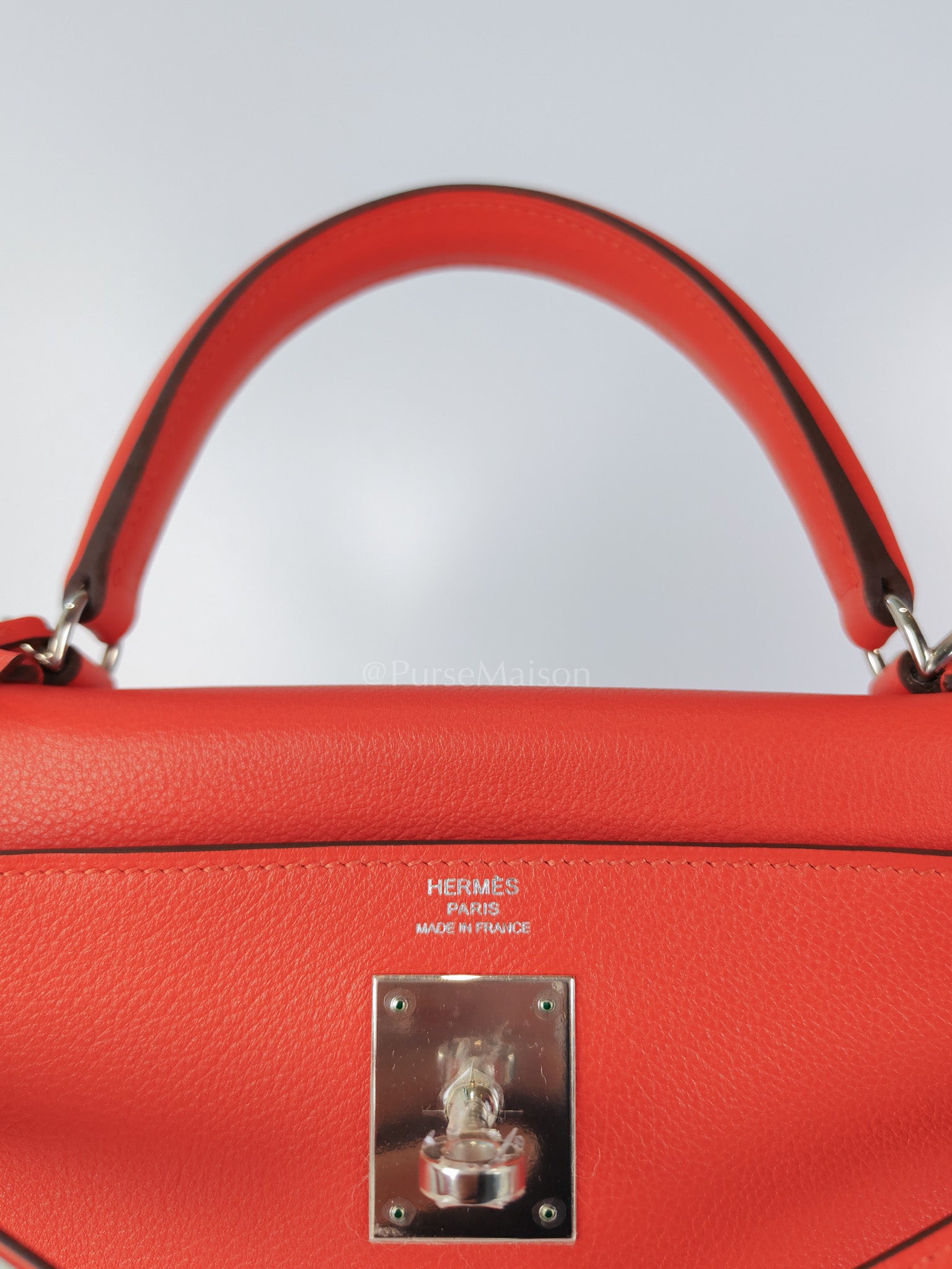 Kelly 28 Retourne in Rouge Tomate Evercolor in Palladium Hardware Stamp X (2016) | Purse Maison Luxury Bags Shop