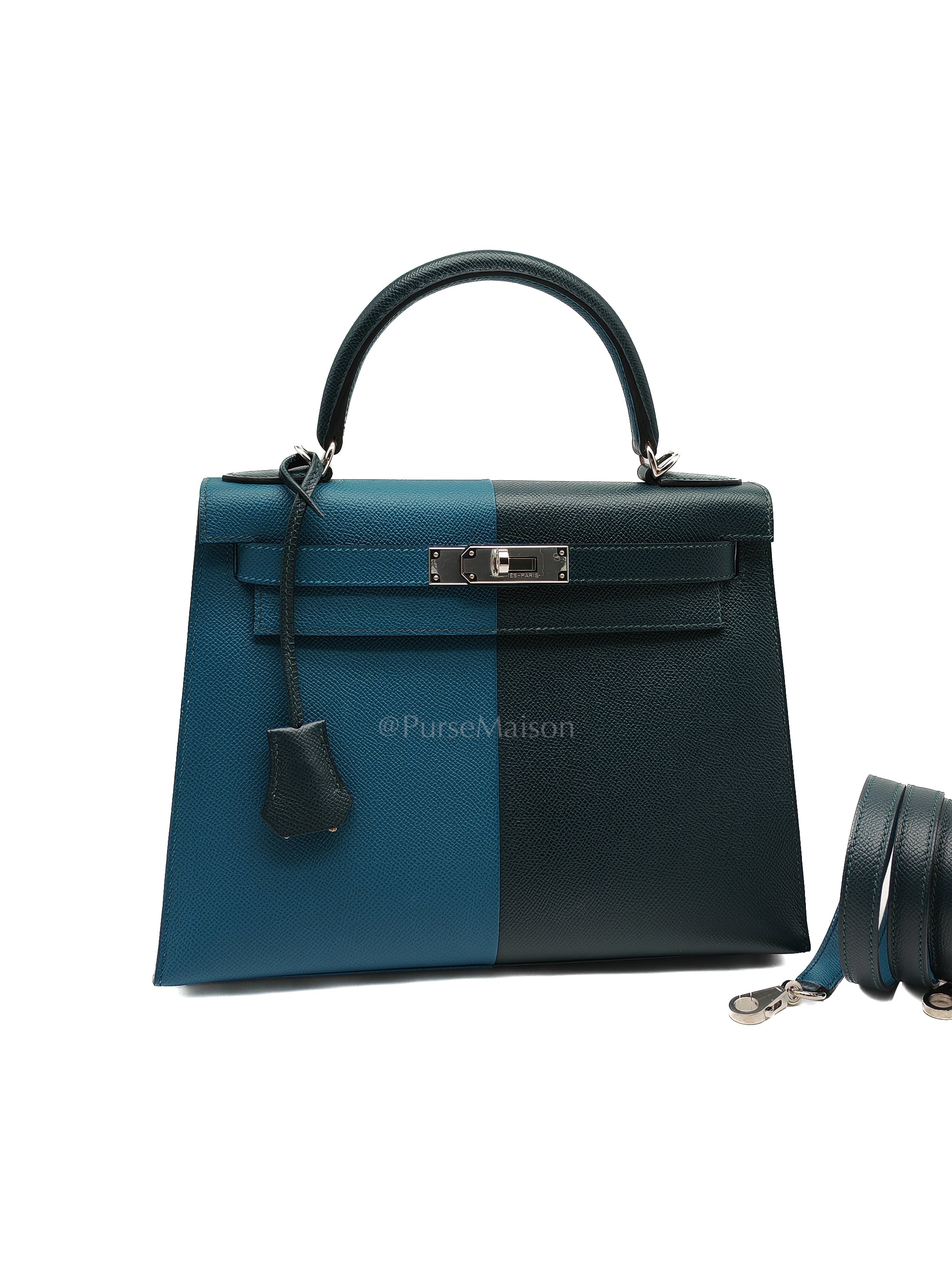 Kelly 28 Sellier Casaque Tri-color Vert Cypress/ Vert Bosphore/Gold Epsom Leather and Palladium Hardware Stamp B (2023) | Purse Maison Luxury Bags Shop