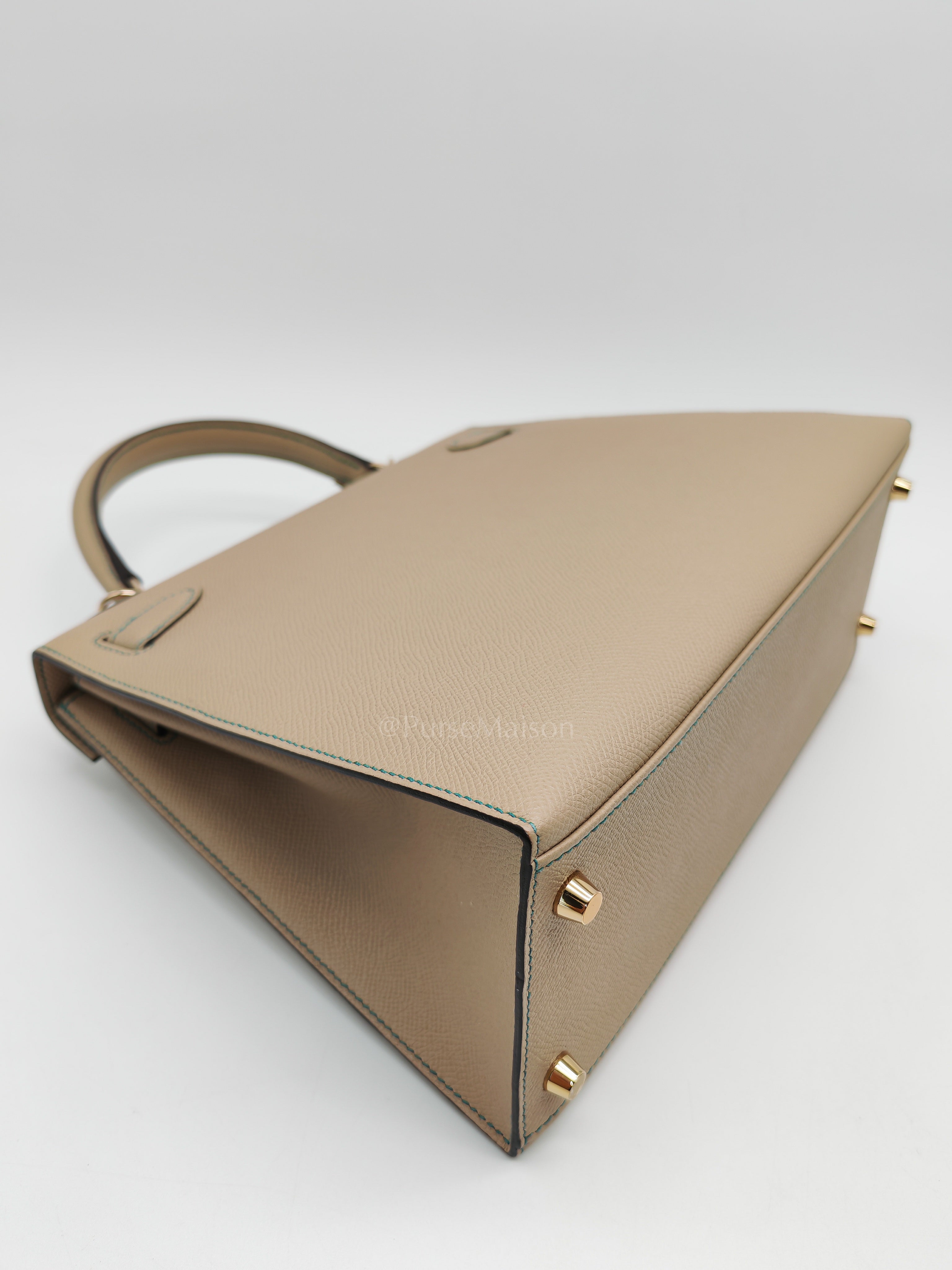 Kelly 28 Sellier Dual Color Trench/Turquoise Epsom Leather in Permabrass Hardware Stamp A(2017) | Purse Maison Luxury Bags Shop